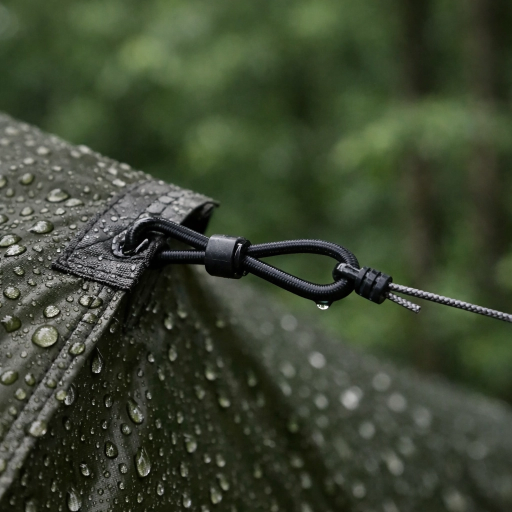 Elastic shock cord tensioner on a wet silnylon tarp for a successful camping adventure UK.