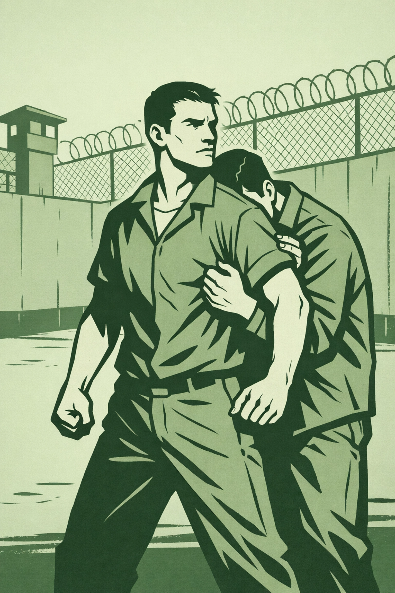 Protective embrace in Blackwell Penitentiary prison yard - MM prison romance scene