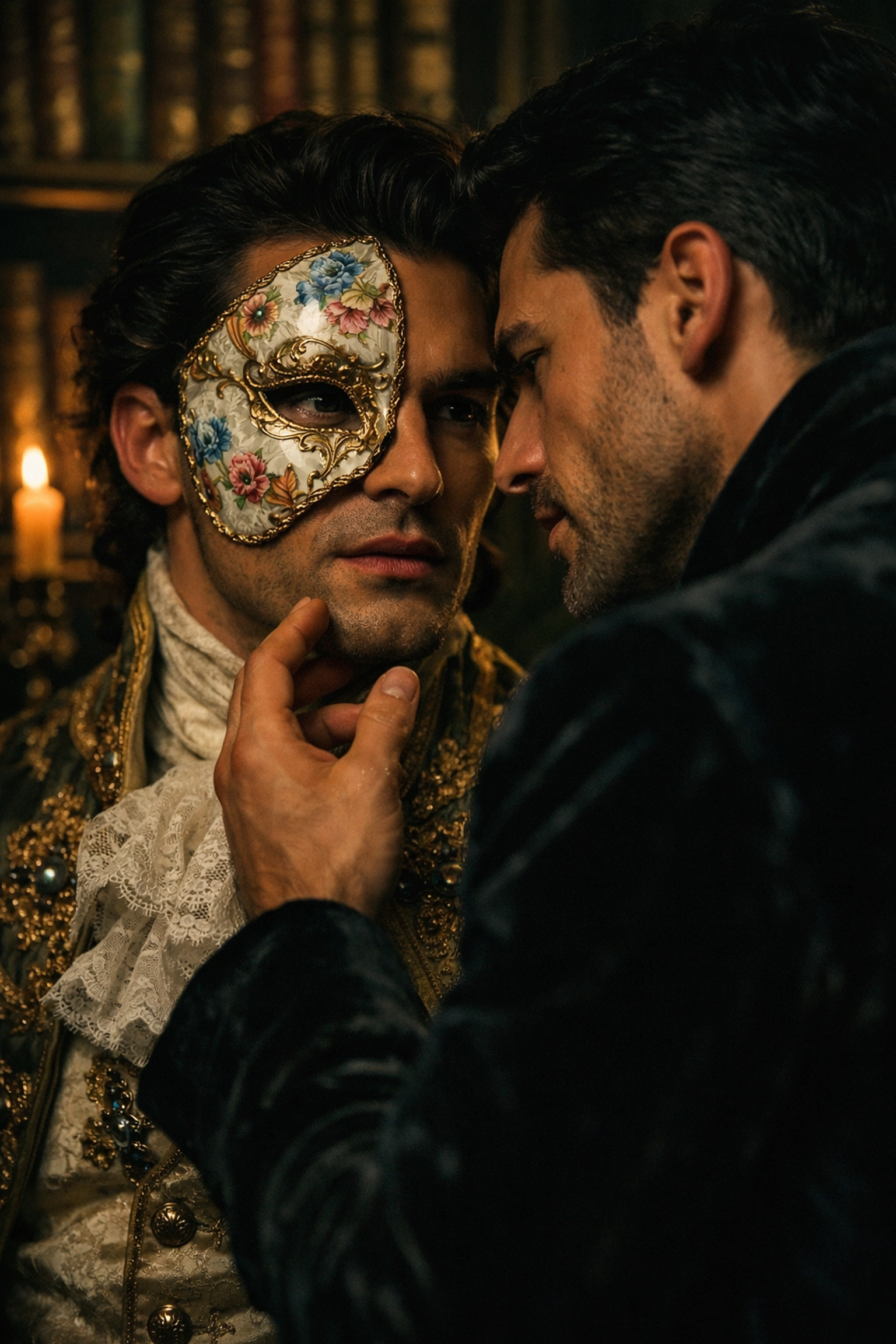Two men in historical royal attire sharing a secret moment in an ornate library during a masquerade.