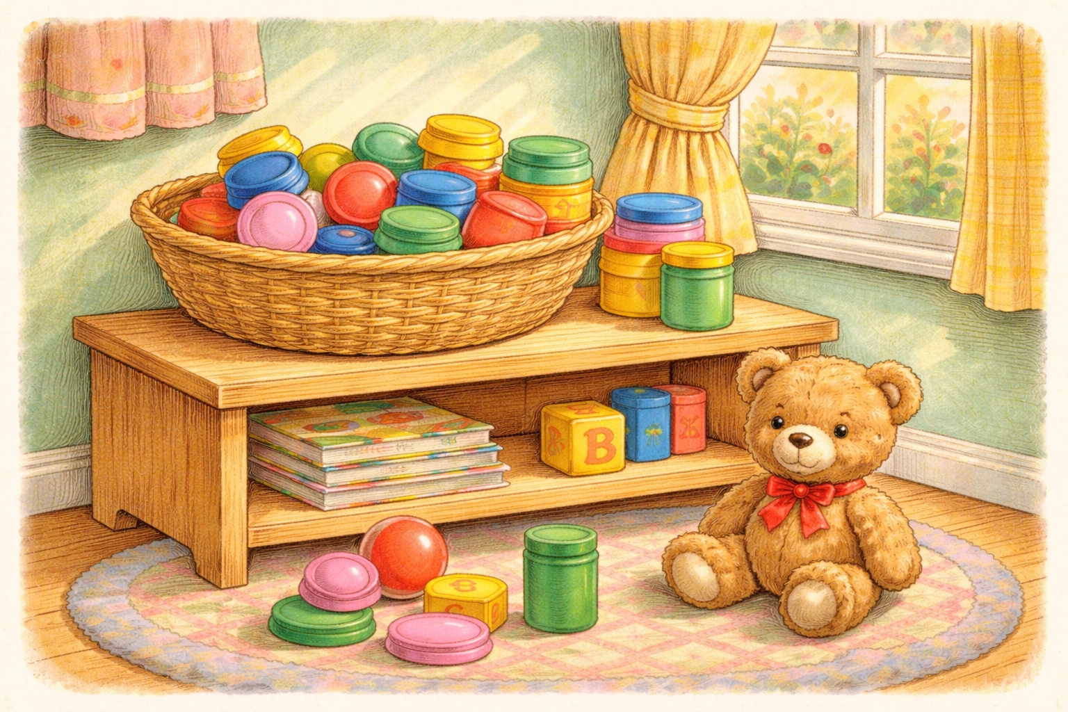 Wooden shelf in a cheerful playroom displaying a basket of colorful lids and containers for kids’ matching play
