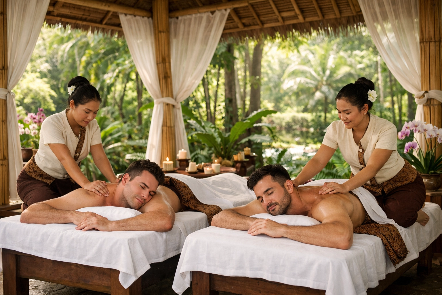Gay couple enjoying traditional Thai couples massage at LGBTQ+-friendly spa in Phuket