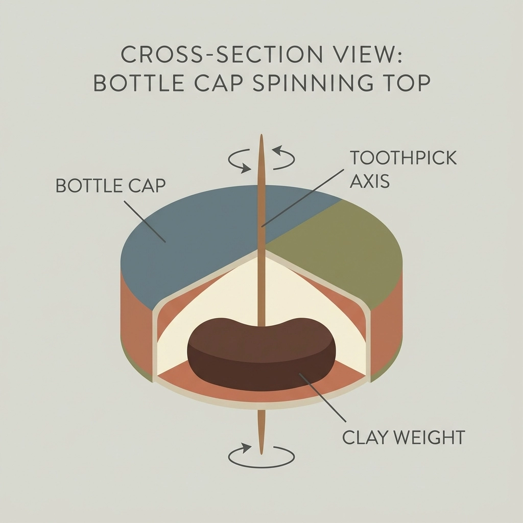 Cross-section diagram of a bottle cap spinning top highlighting clay placement and toothpick axis