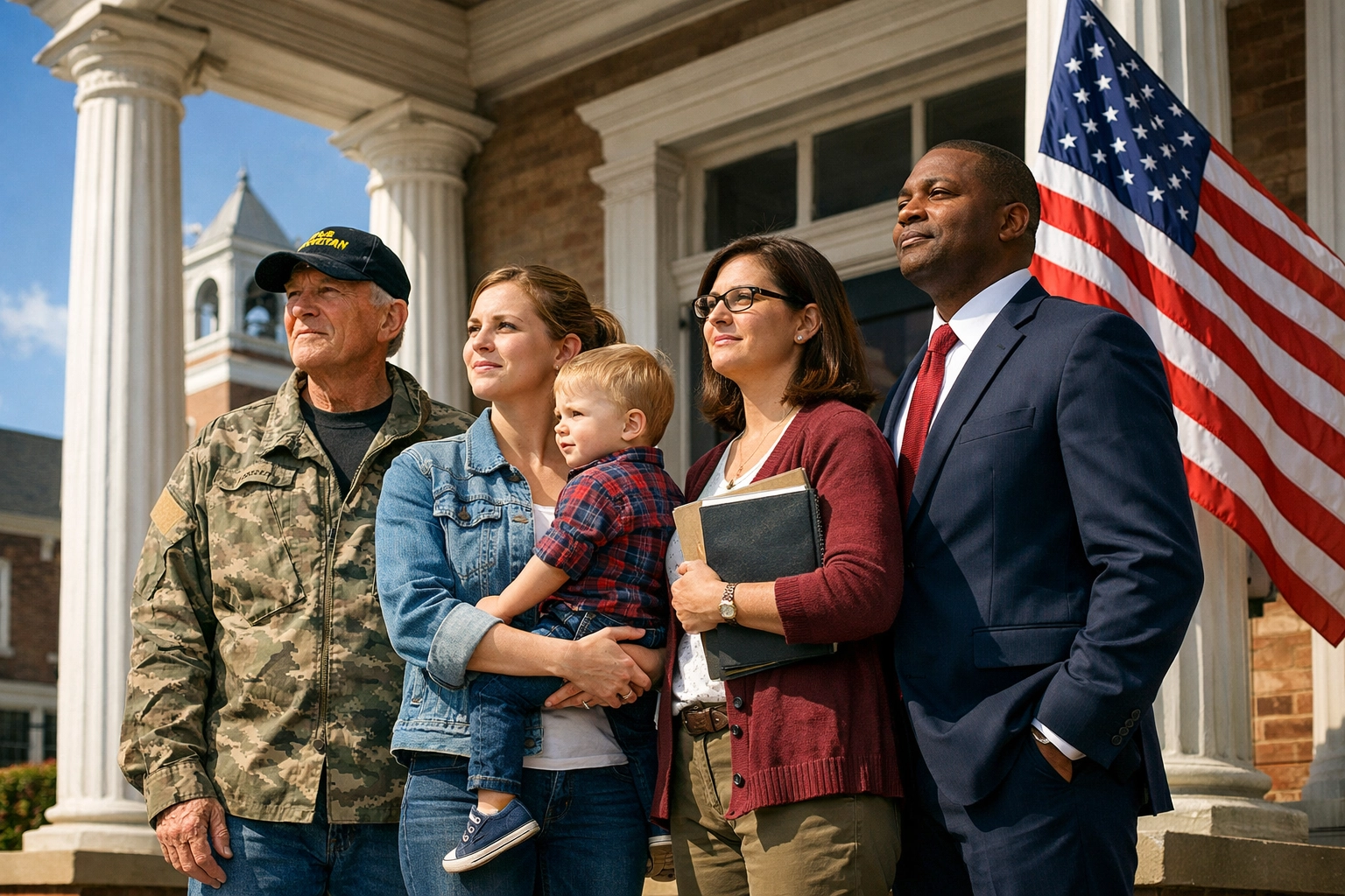 A unified group of diverse citizens standing together at a town hall representing civic pride.