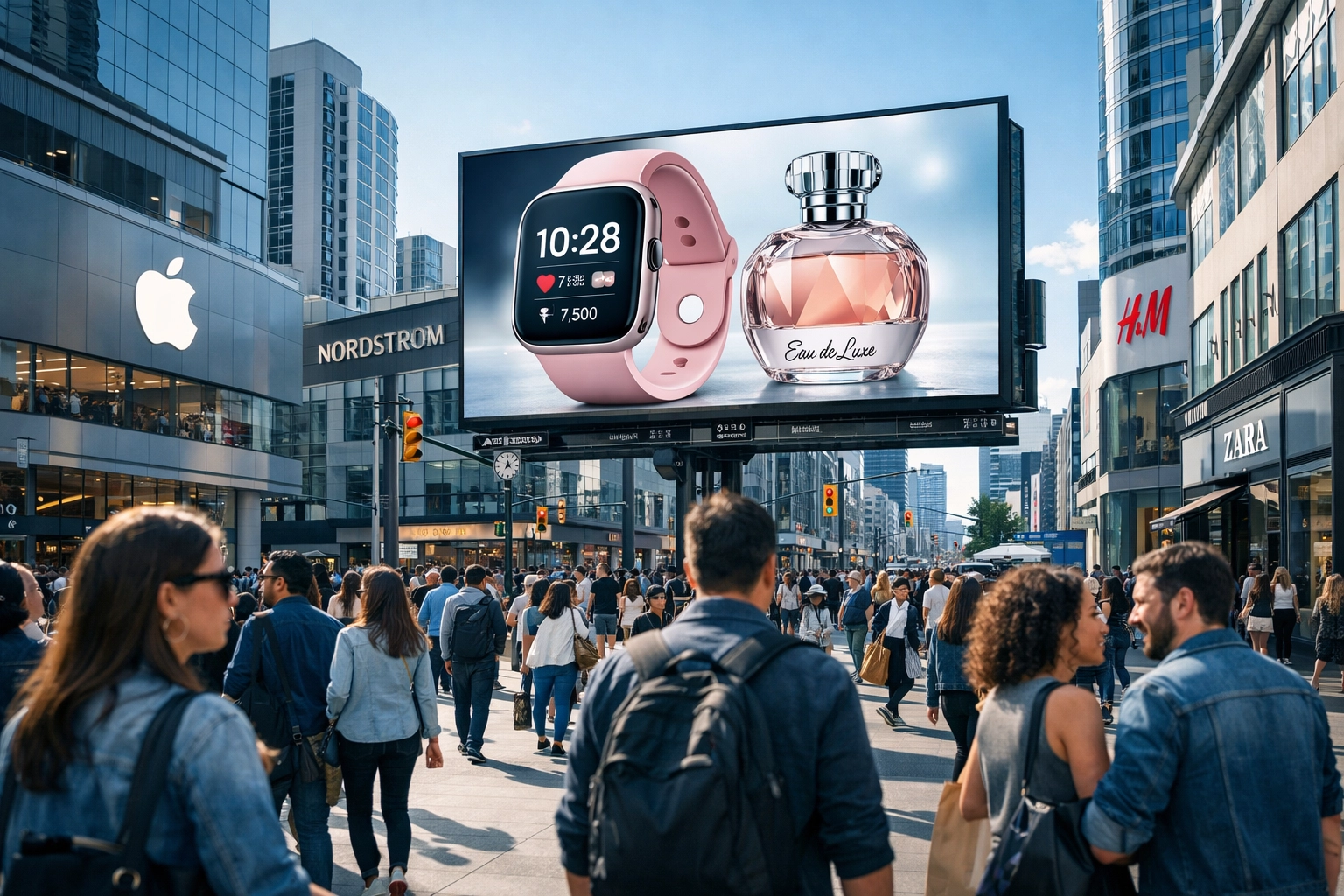 Large digital billboard at a busy city intersection displaying hyper-targeted ads for local big box shoppers.