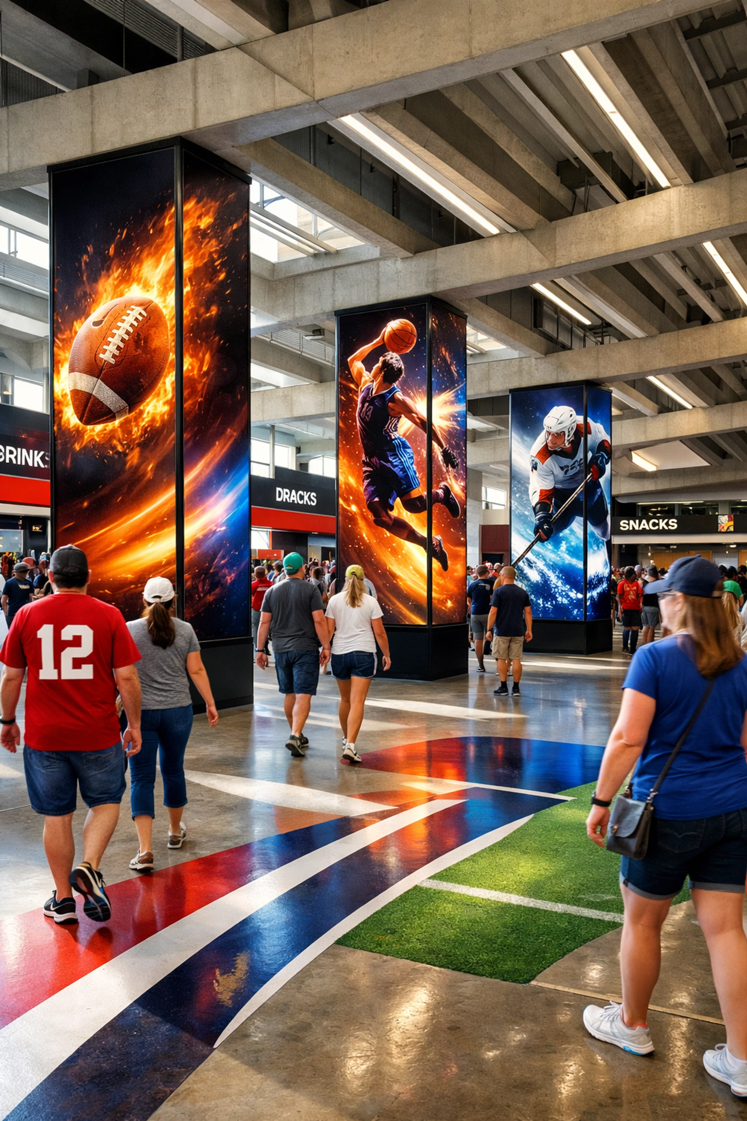 Digital ad pillars and floor graphics in a stadium concourse for fan engagement.