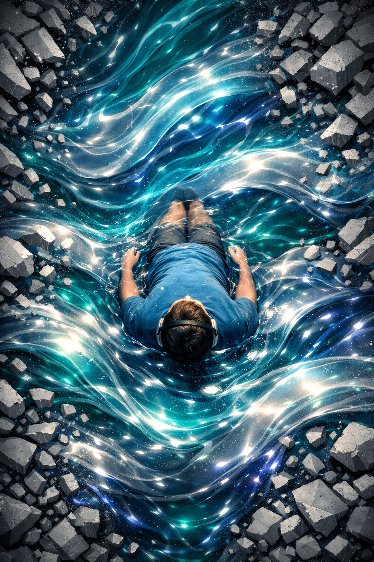 Immersive sound bath wall experience showing iridescent waves promoting deep relaxation and stress reduction.