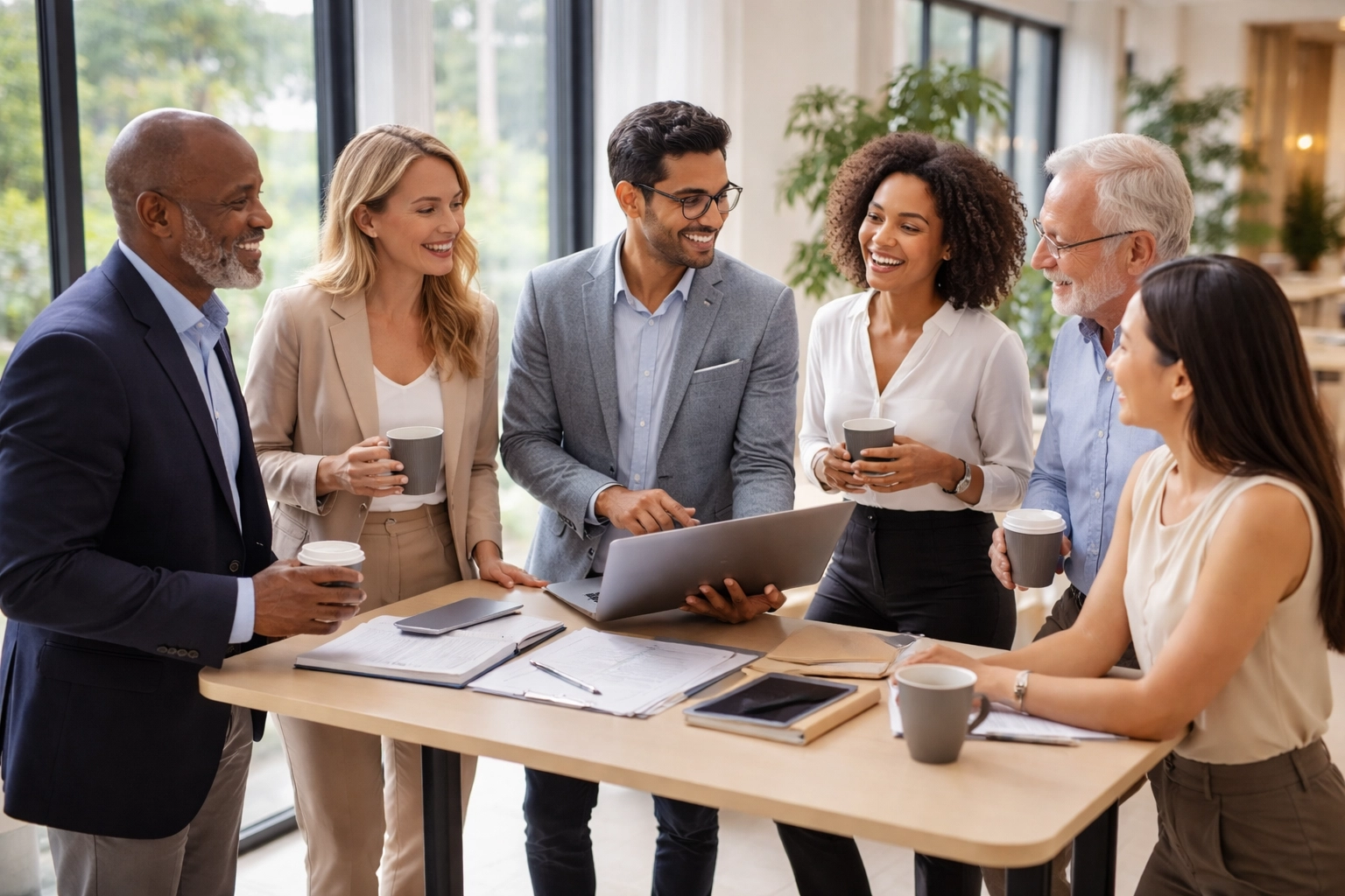 Diverse business leaders collaborating and supporting each other to build executive resilience in a modern workspace