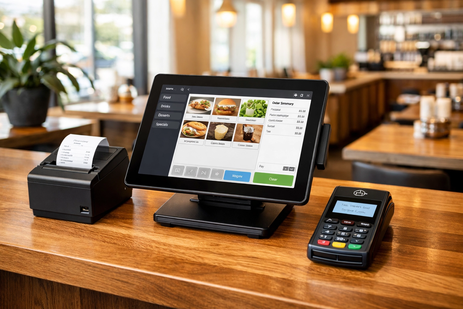 EPOS system hardware setup including tablet terminal and card reader on restaurant counter