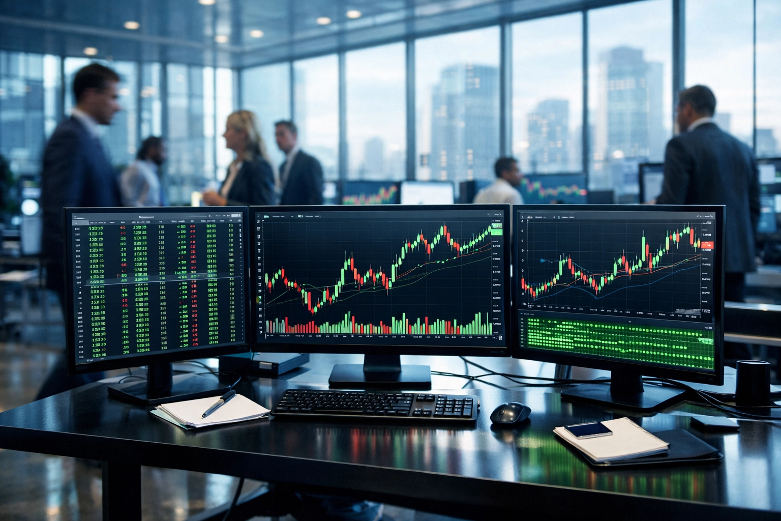 Modern financial trading floor monitors displaying Bitcoin price charts and institutional market data.