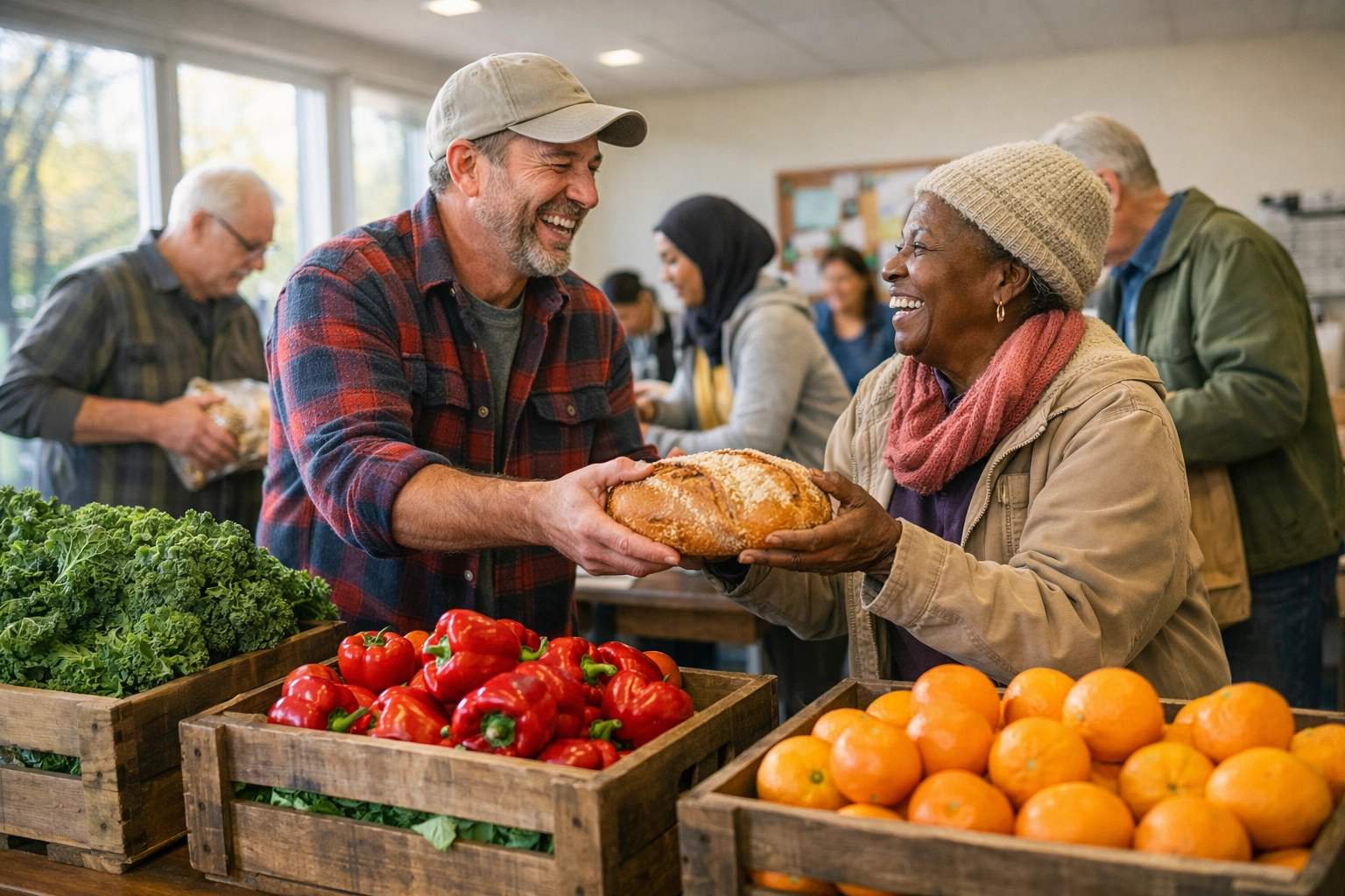 Neighbors and volunteers selecting fresh produce at a food pantry in Dorchester MA at Franklin Hill.