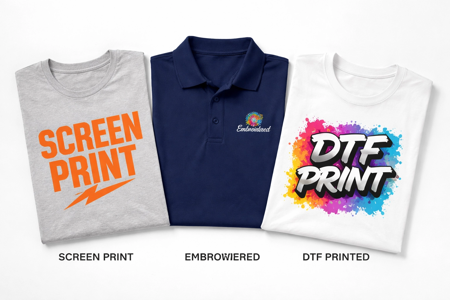 Three custom shirts display screen printing, embroidery, and DTF, showing apparel decoration methods for decision-makers.