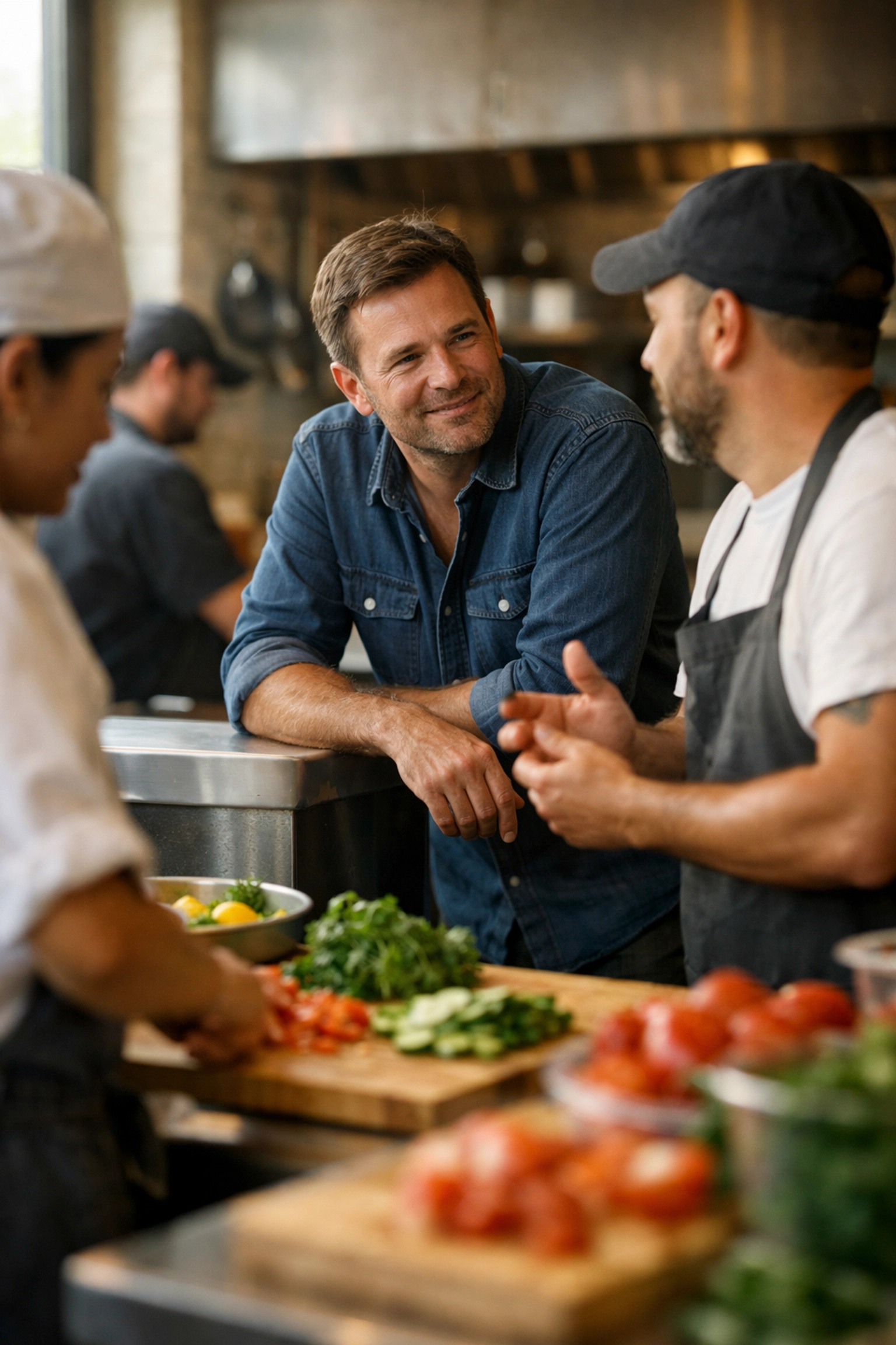 Hospitality founder coaching kitchen team members demonstrating leadership presence
