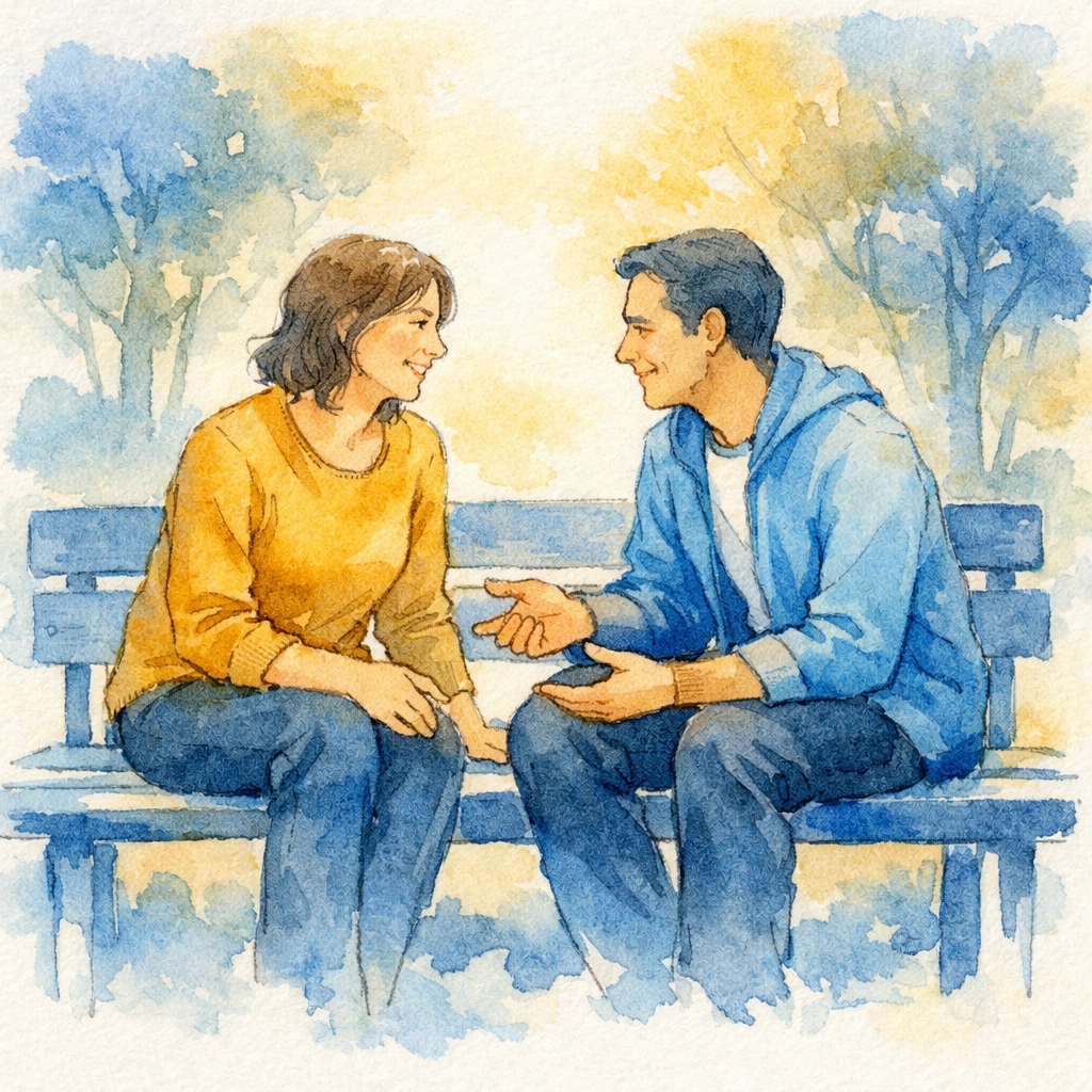 Two people in supportive conversation representing volunteer encouragement and Christian community connection