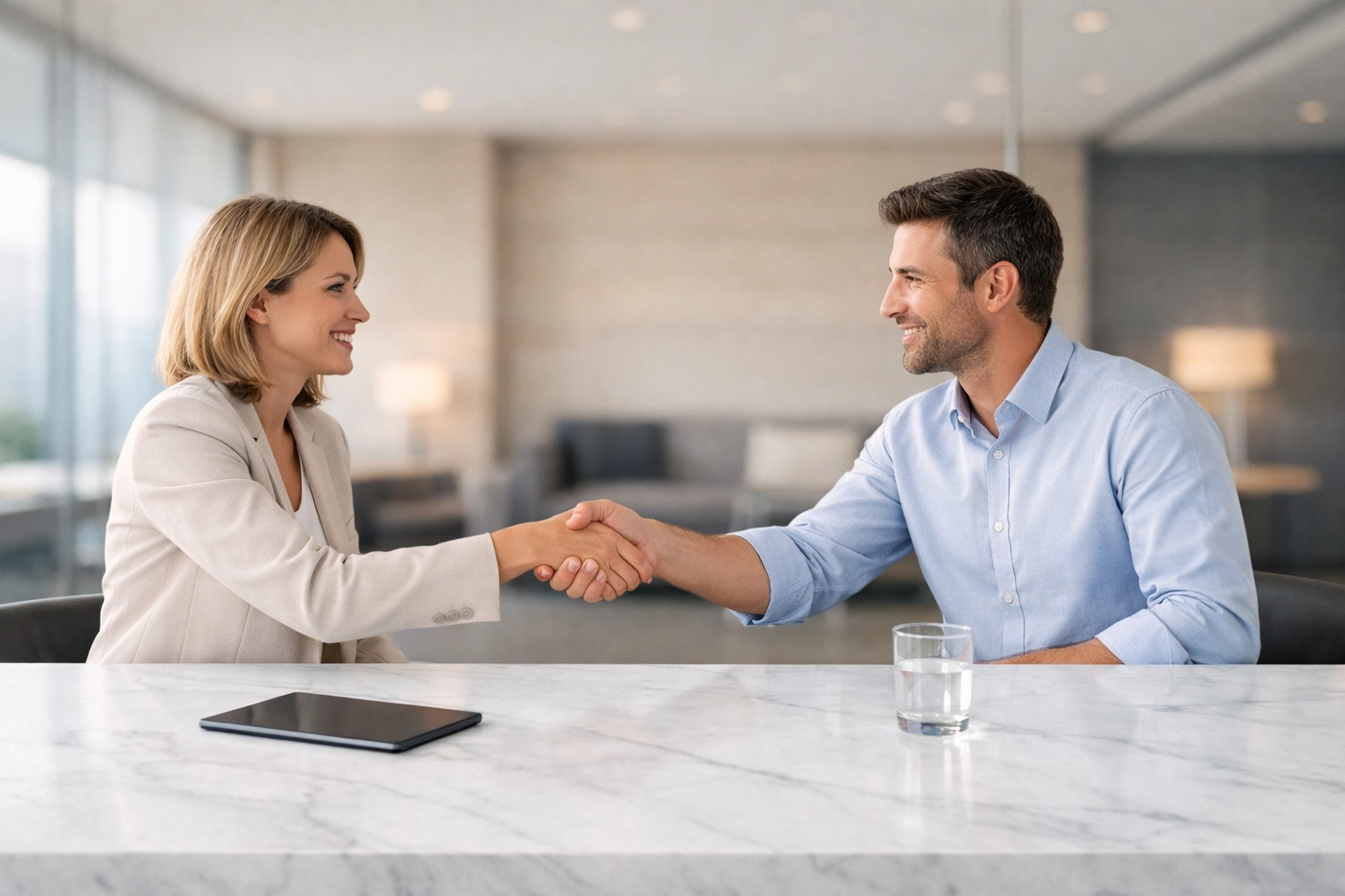 Professional handshake symbolizing a tax service bureau bank product partnership in a modern meeting room.