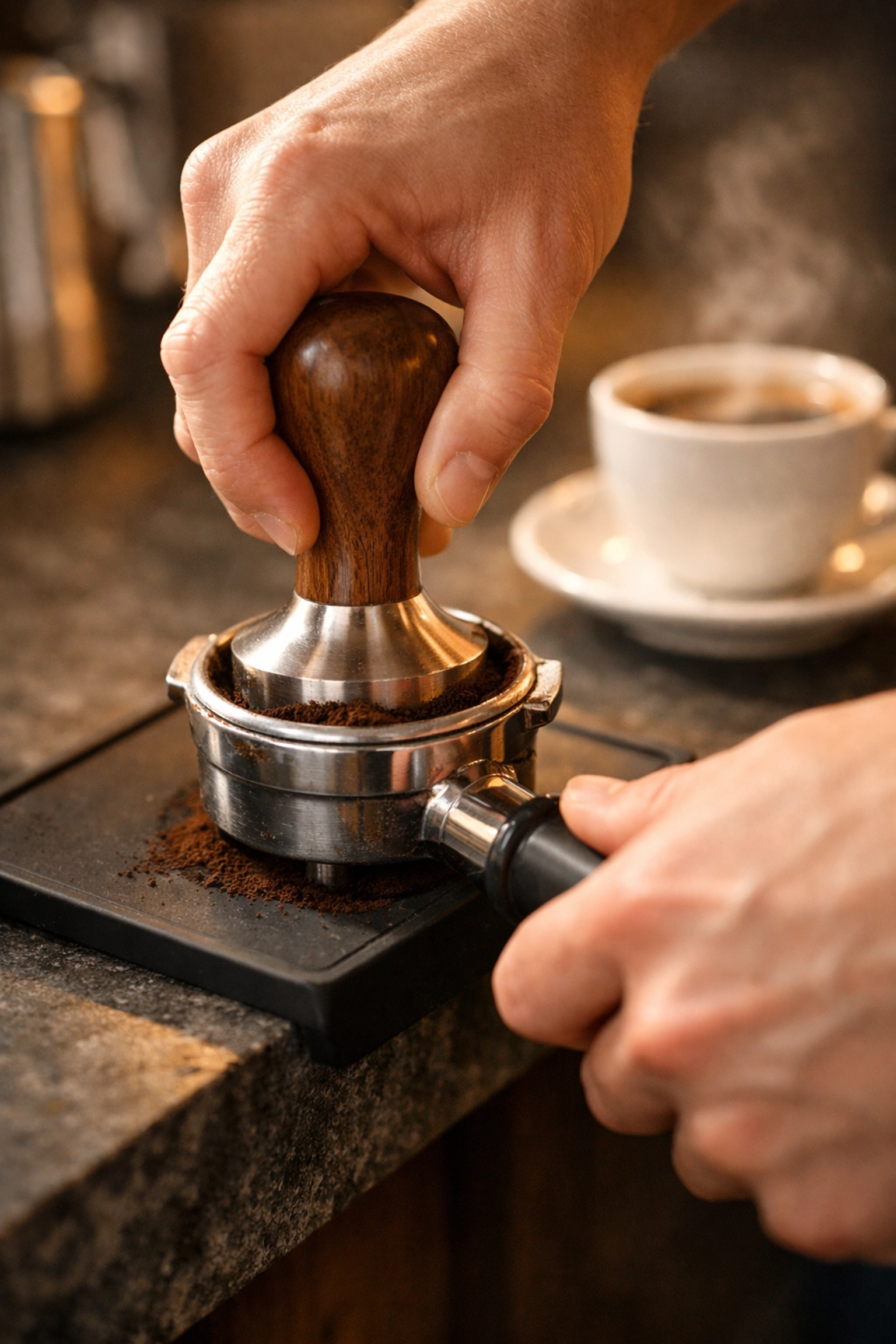 Using a wooden tamper to press fresh coffee grounds in a portafilter for espresso.