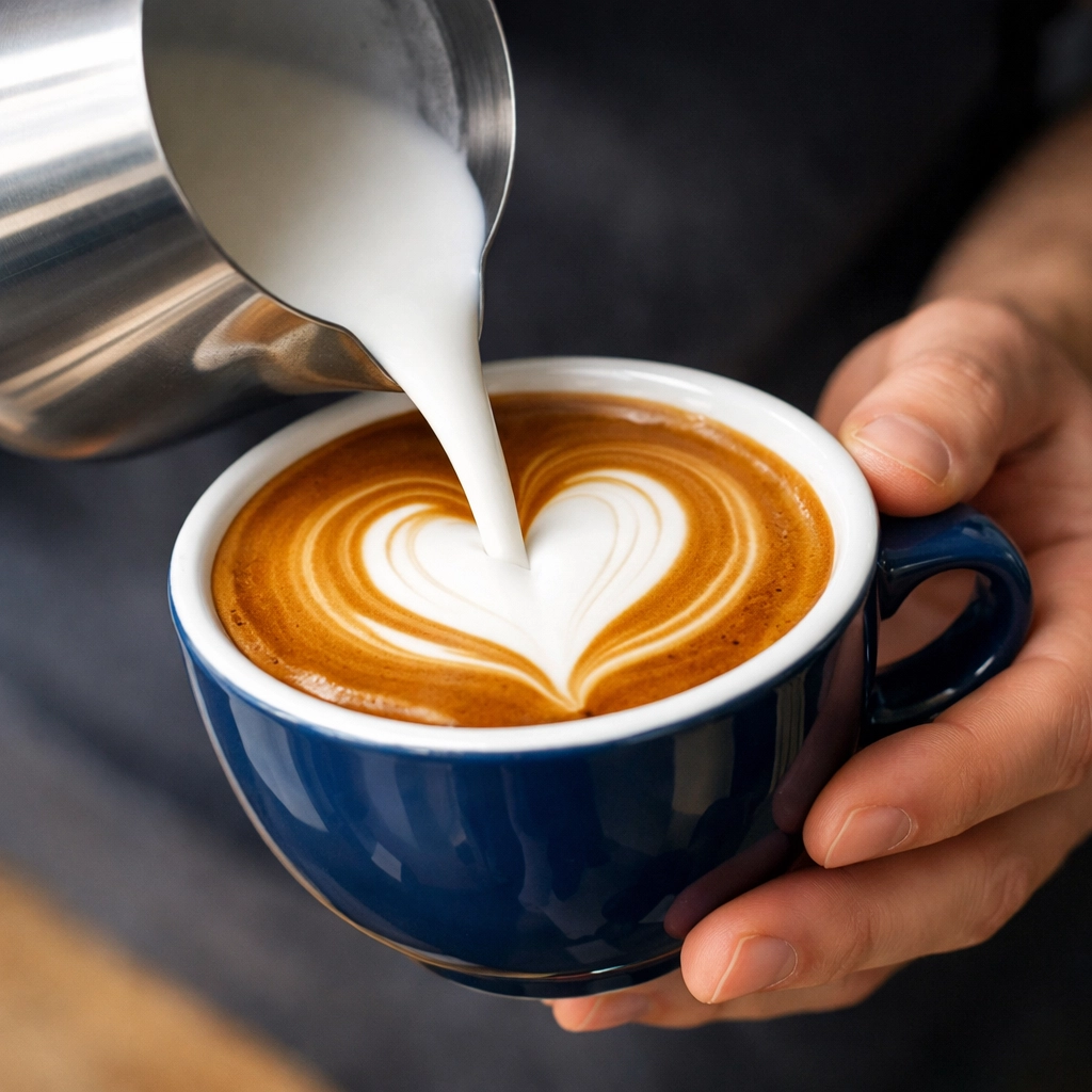 Barista pouring latte art into a ceramic cup showing velvety microfoam and professional milk steaming skills.