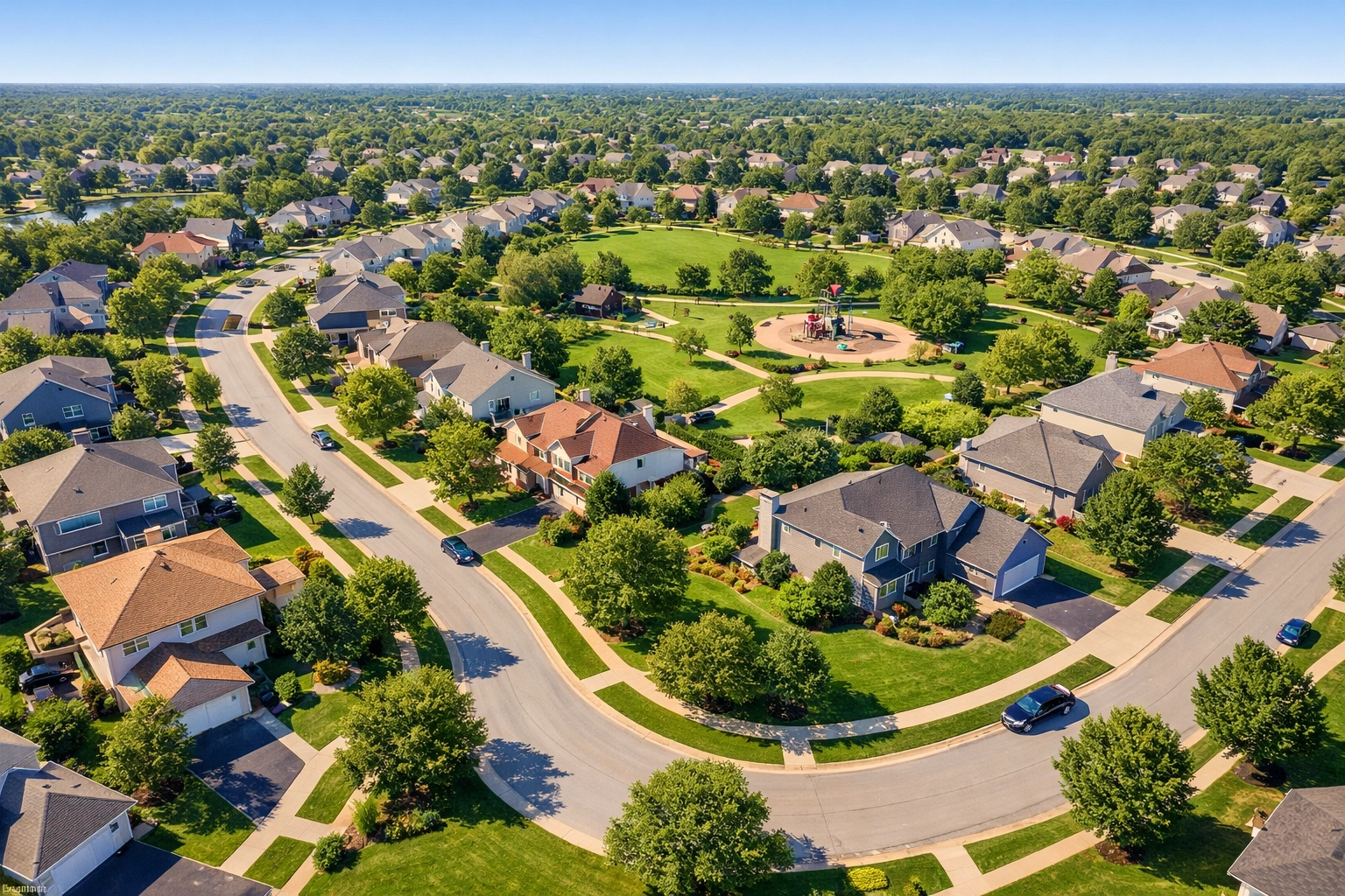 Aerial view of Indian Lakes neighborhood in Virginia Beach showing single-family homes and tree-lined streets