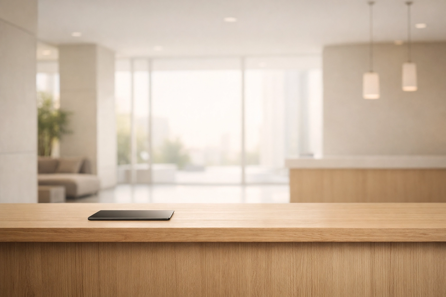 Minimalist hotel lobby featuring a modern digital check-in tablet on a wooden reception desk.
