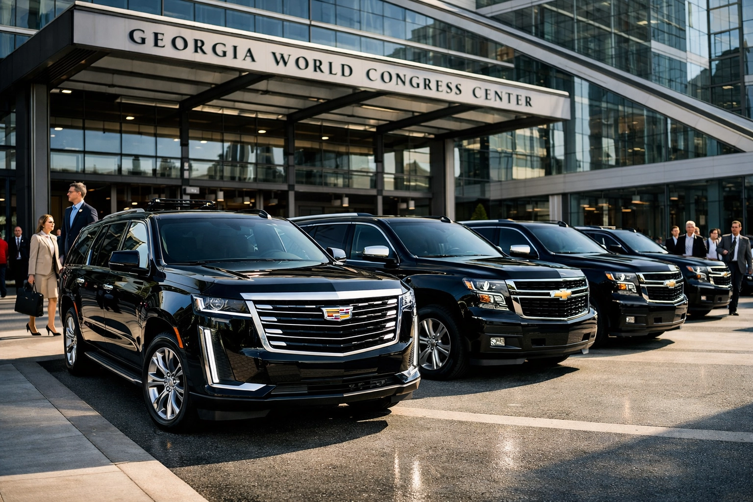 Private car service fleet at Georgia World Congress Center during TRANSACT Conference 2026 in Atlanta.