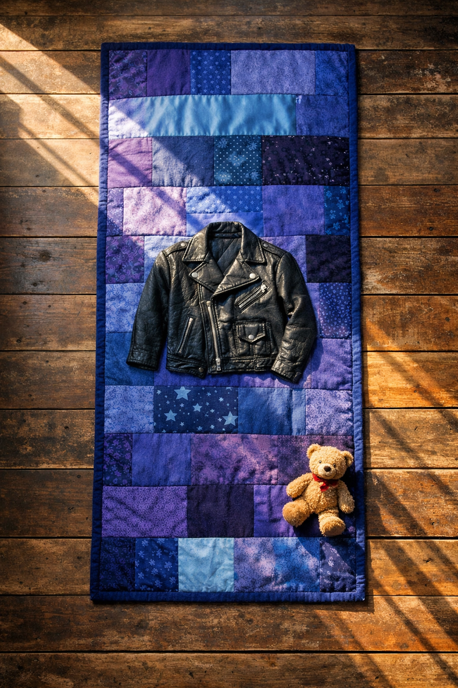 A 3x6 foot AIDS Memorial Quilt panel with personal items on a wooden floor, humanizing the epidemic.