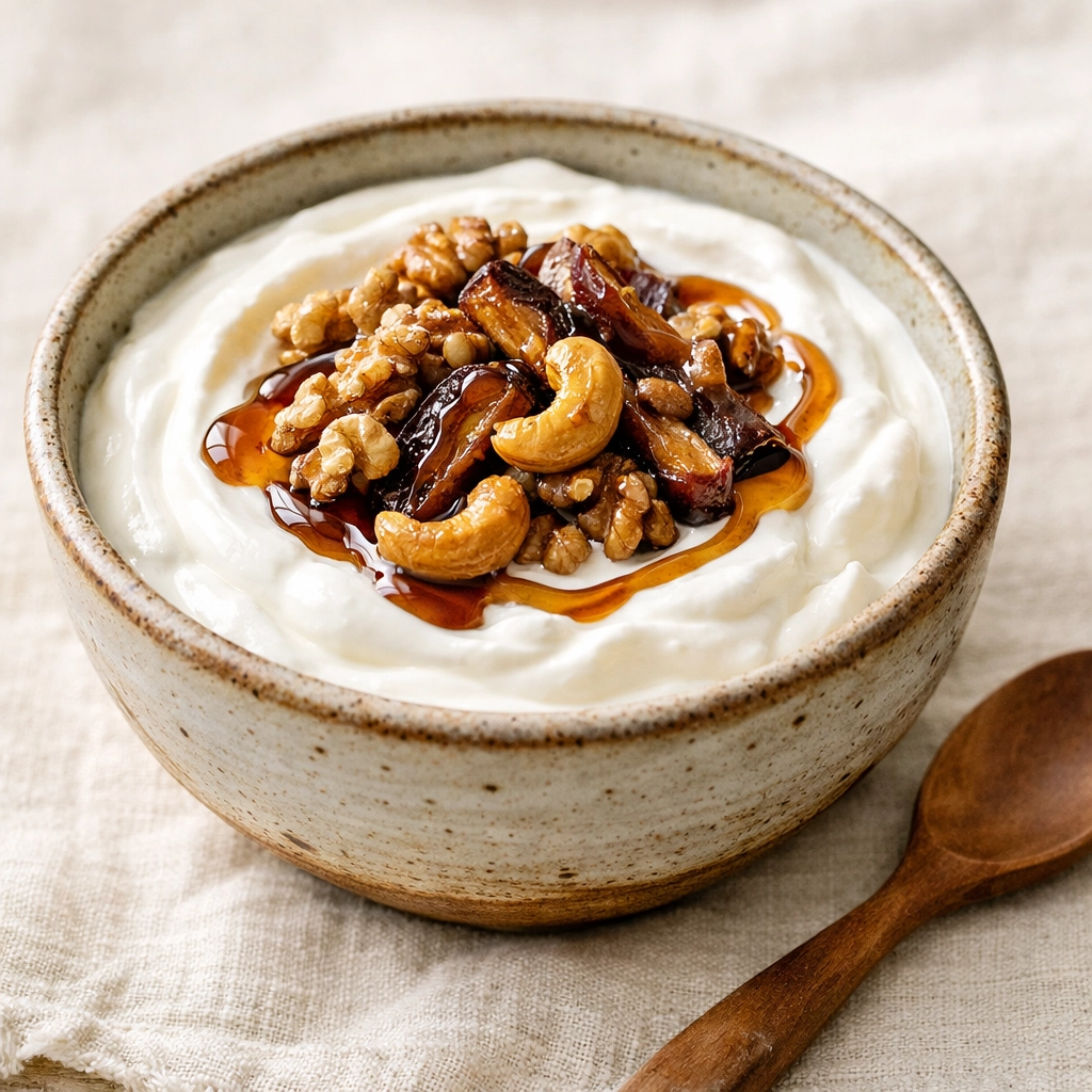 Healthy breakfast bowl with yogurt, nuts, and a drizzle of organic wild forest honey online.