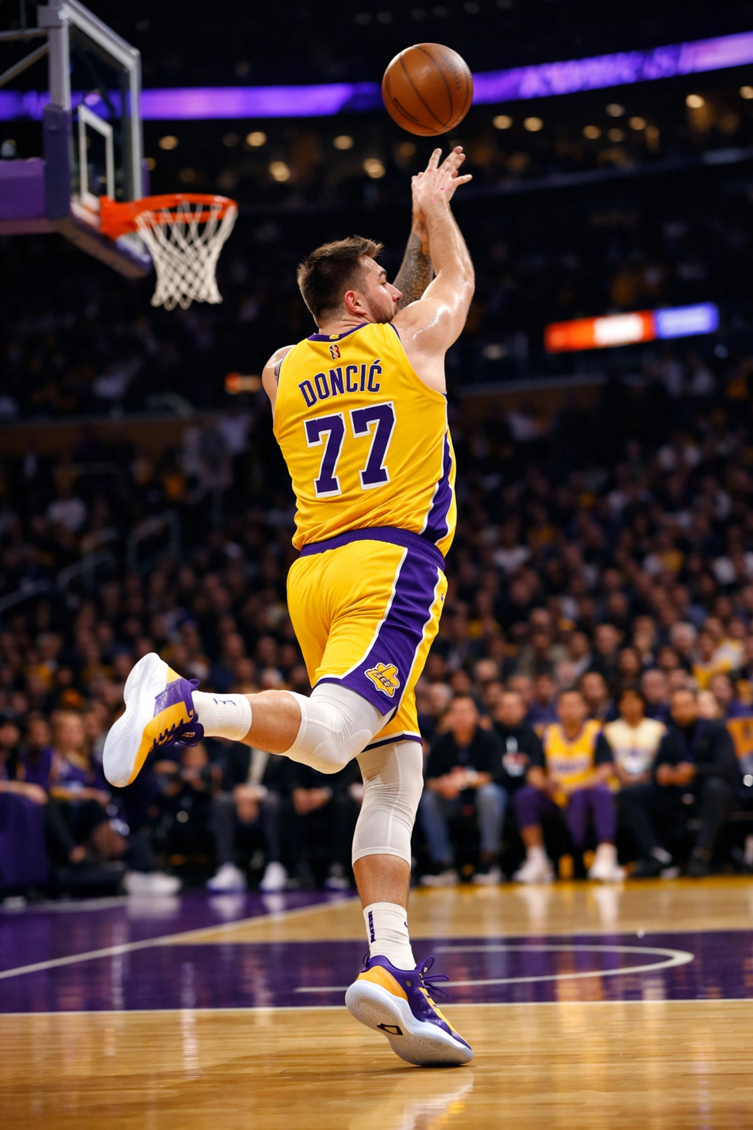 Luka Doncic shoots step-back three-pointer for Lakers against Celtics
