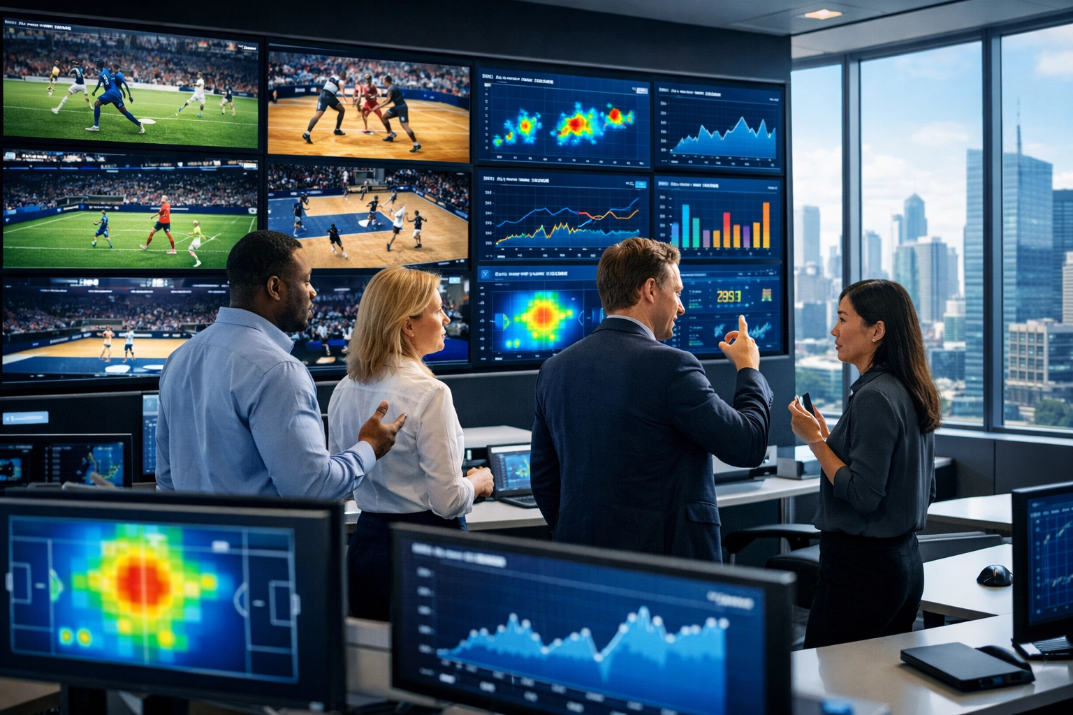 Strategic media operations center analyzing sports advertising data for unified market intelligence.