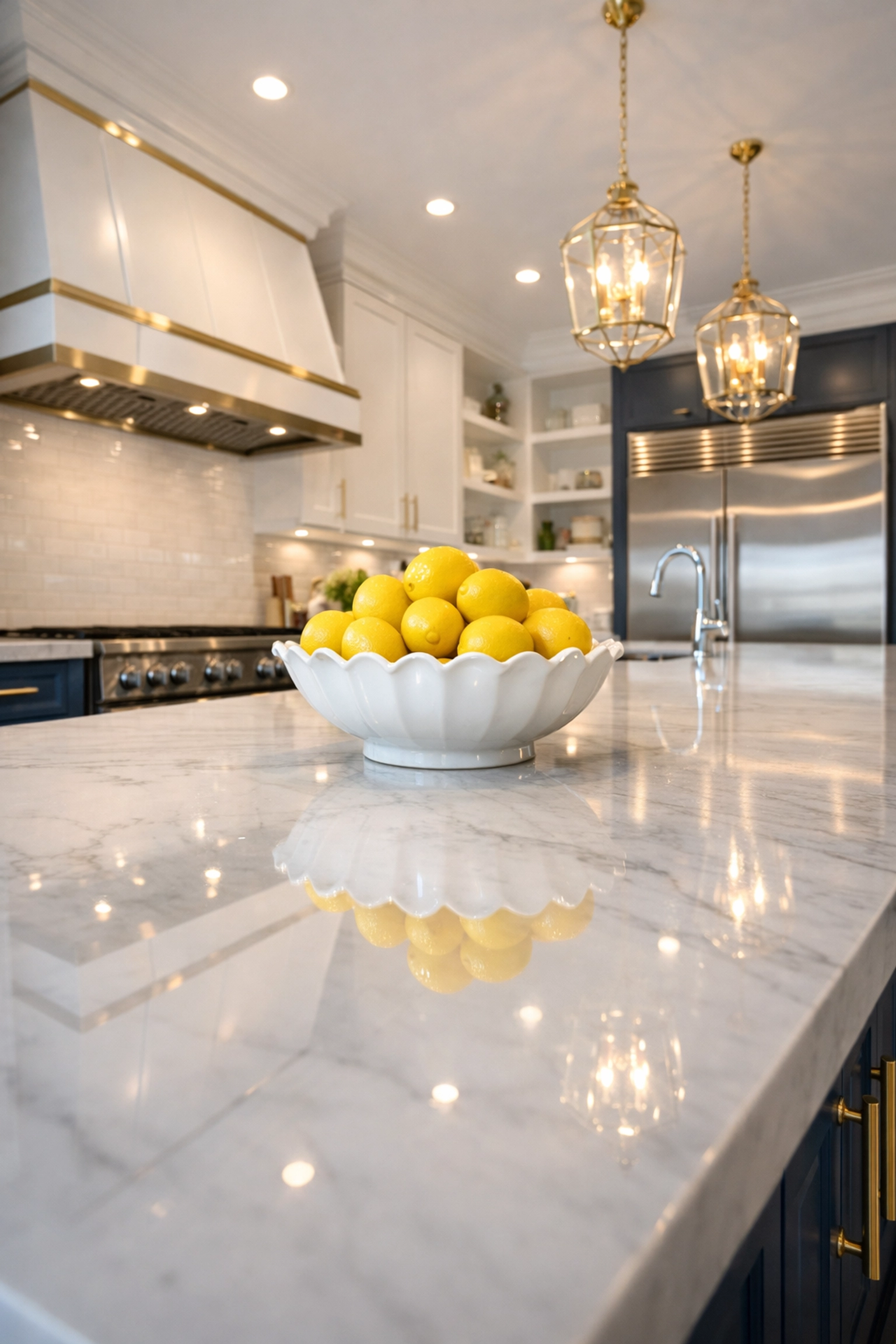 Sparkling gourmet kitchen with marble countertops after a professional weekly house cleaning service in Westford.