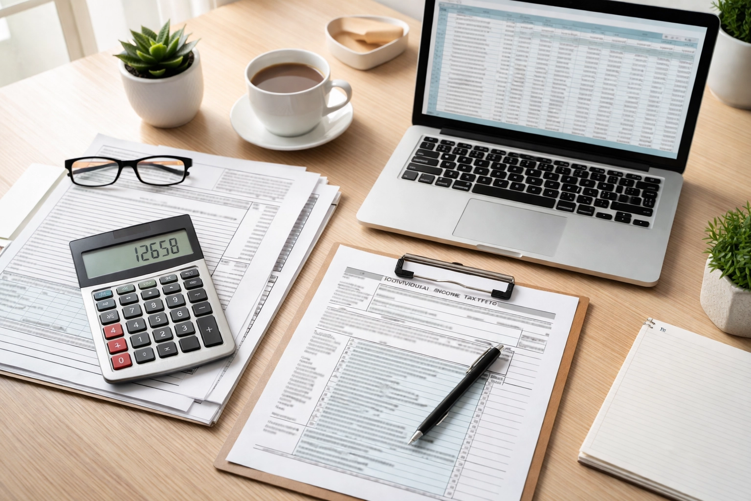 Organized desk with tax documents and calculator, representing financial planning for selling a home