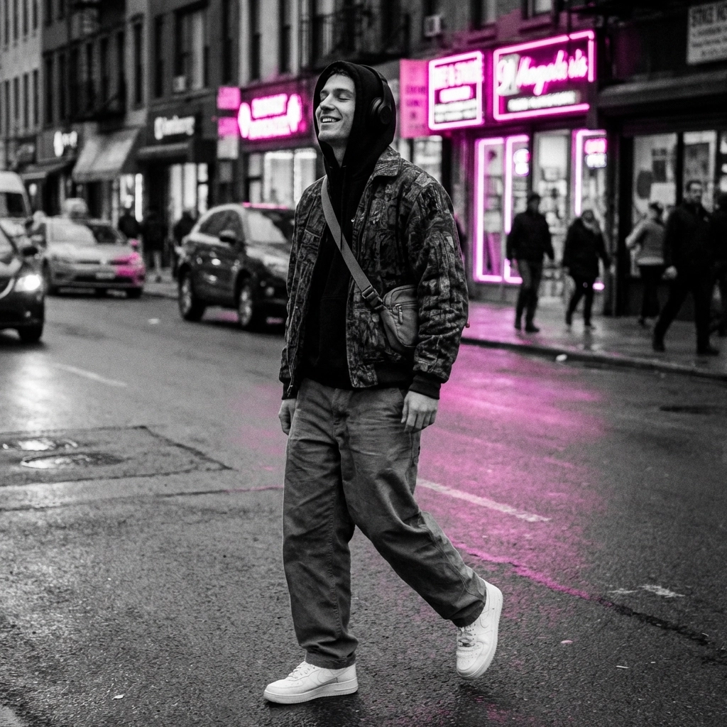 Stylish urban man enjoying music podcasts with headphones, walking through the city among bold pink lights.