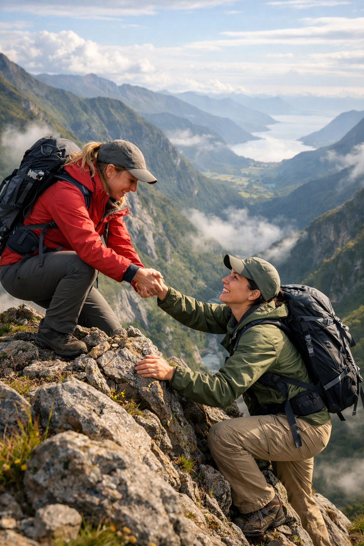 A lesbian couple in hiking gear enjoying a mountain summit during a queer adventure travel tour.