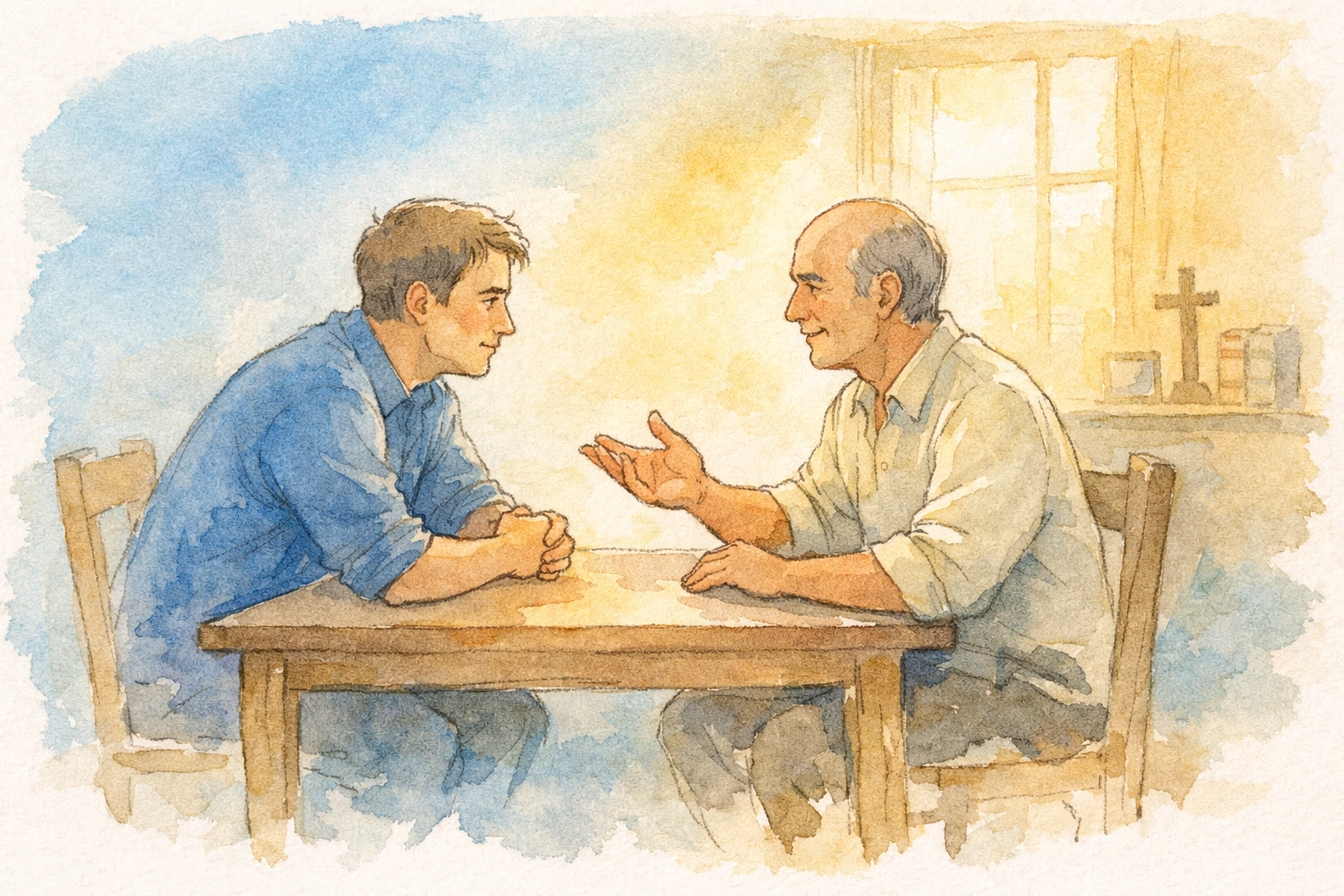 Two leaders engaged in active listening conversation at a table, showing presence and trust