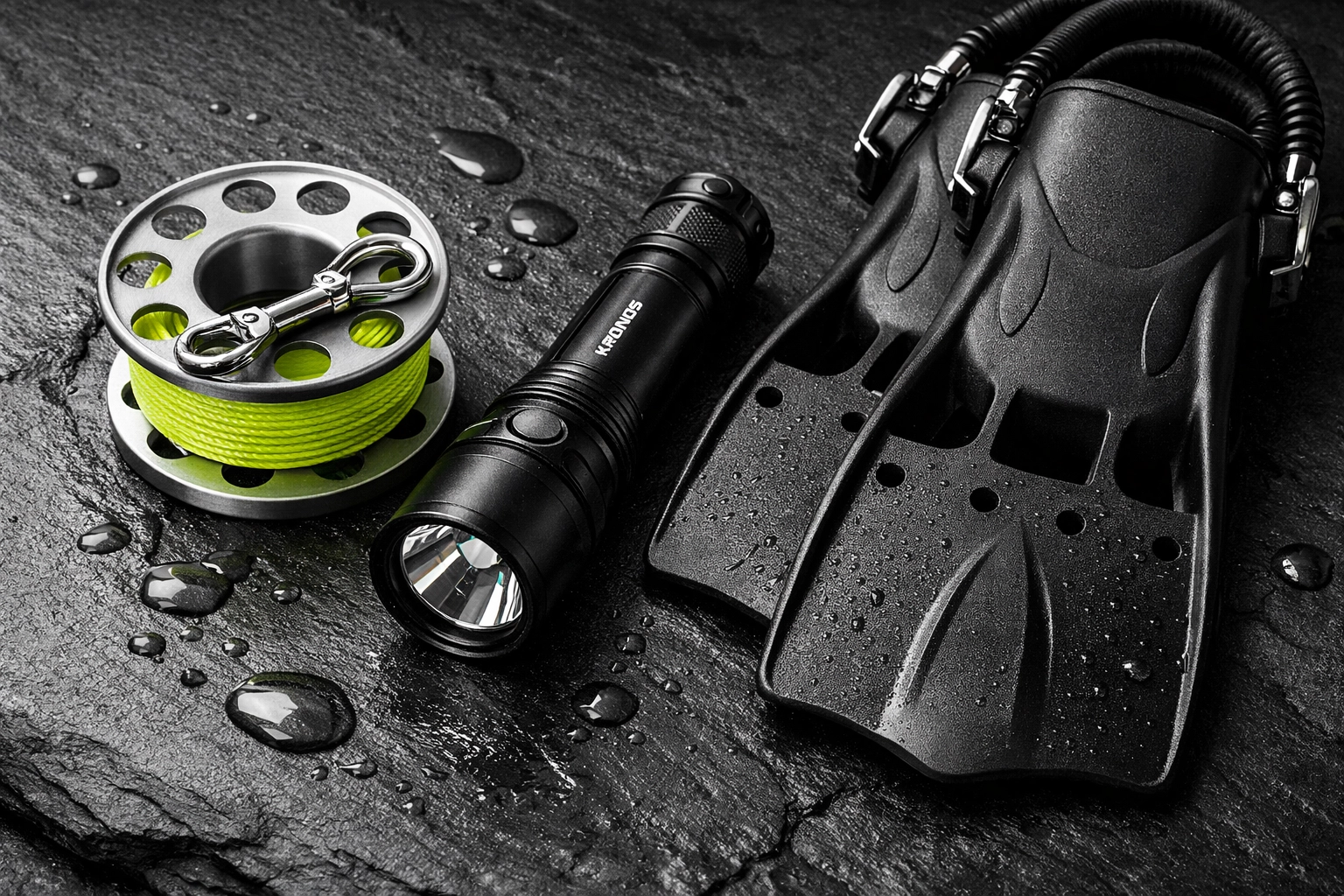 Professionelles Tauchzubehör wie Spools, Lampen und Flossen für Sidemount-Konfigurationen.