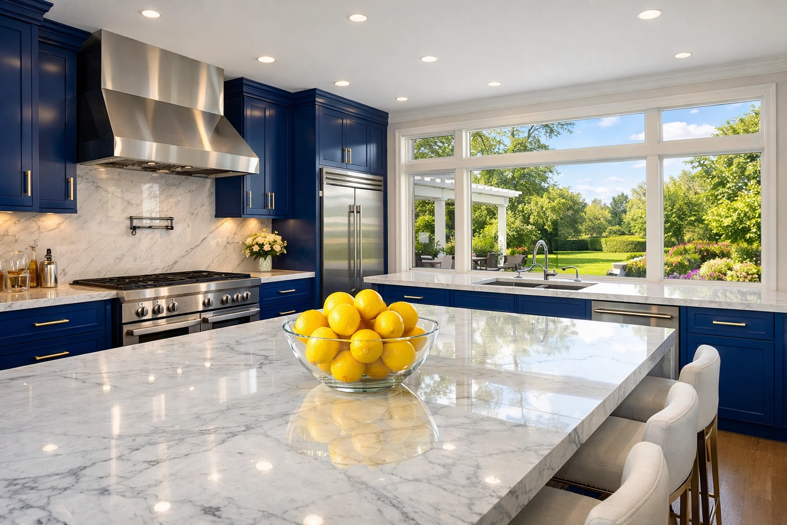 Deep cleaned gourmet kitchen in Harvard MA with spotless surfaces and blue cabinetry.