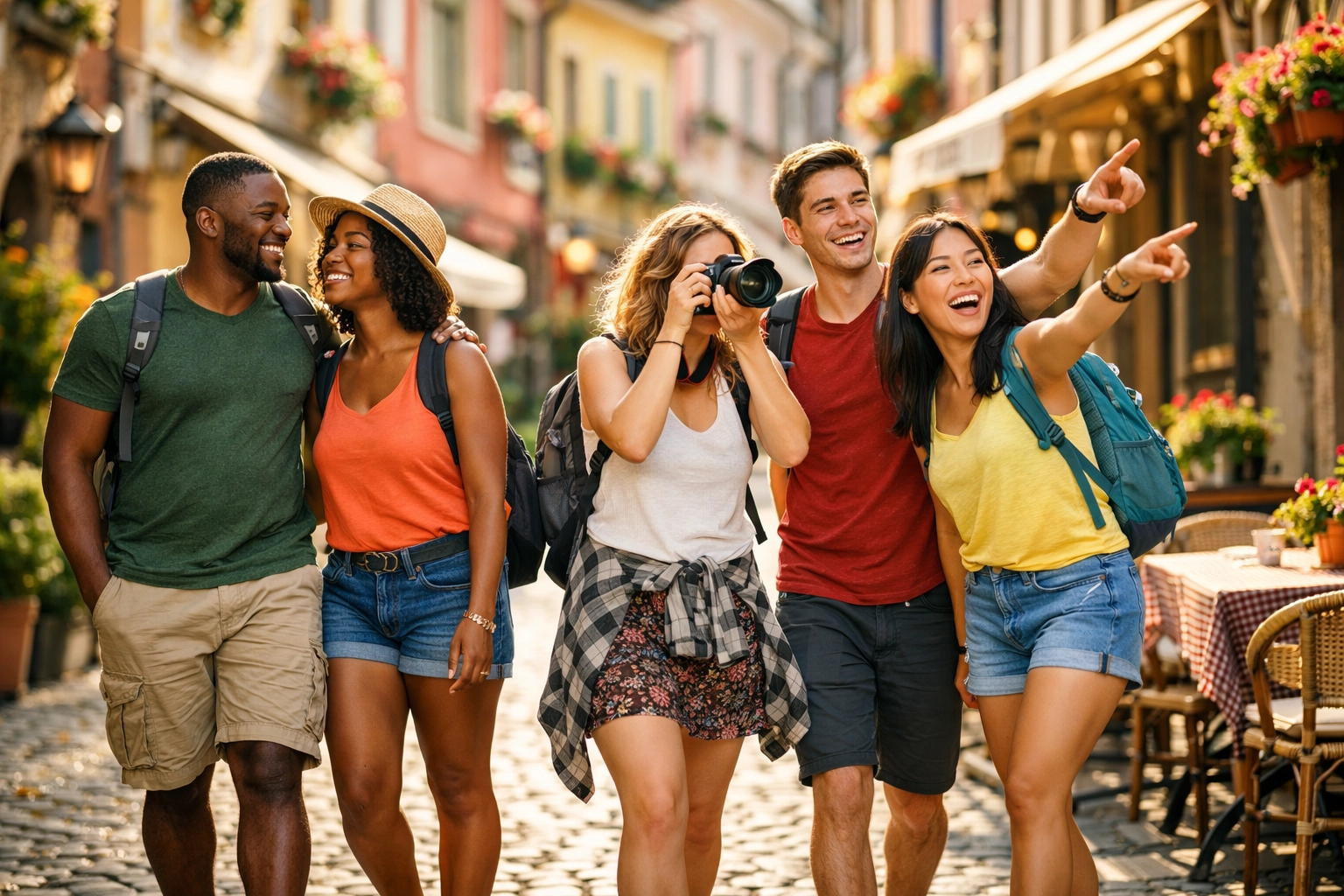 Diverse group of travelers exploring European cobblestone street together on group vacation