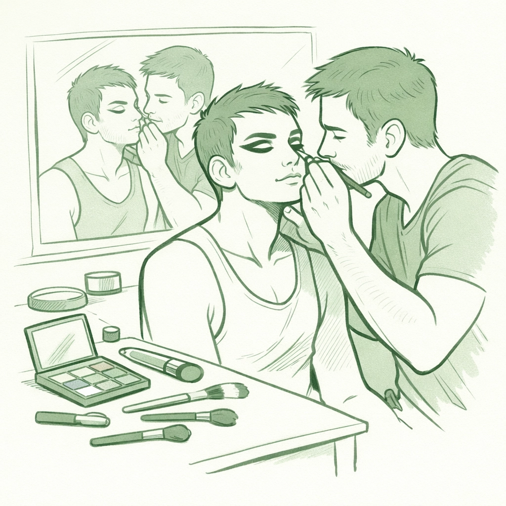 Drag artists help each other with makeup preparation before Pride parade performance