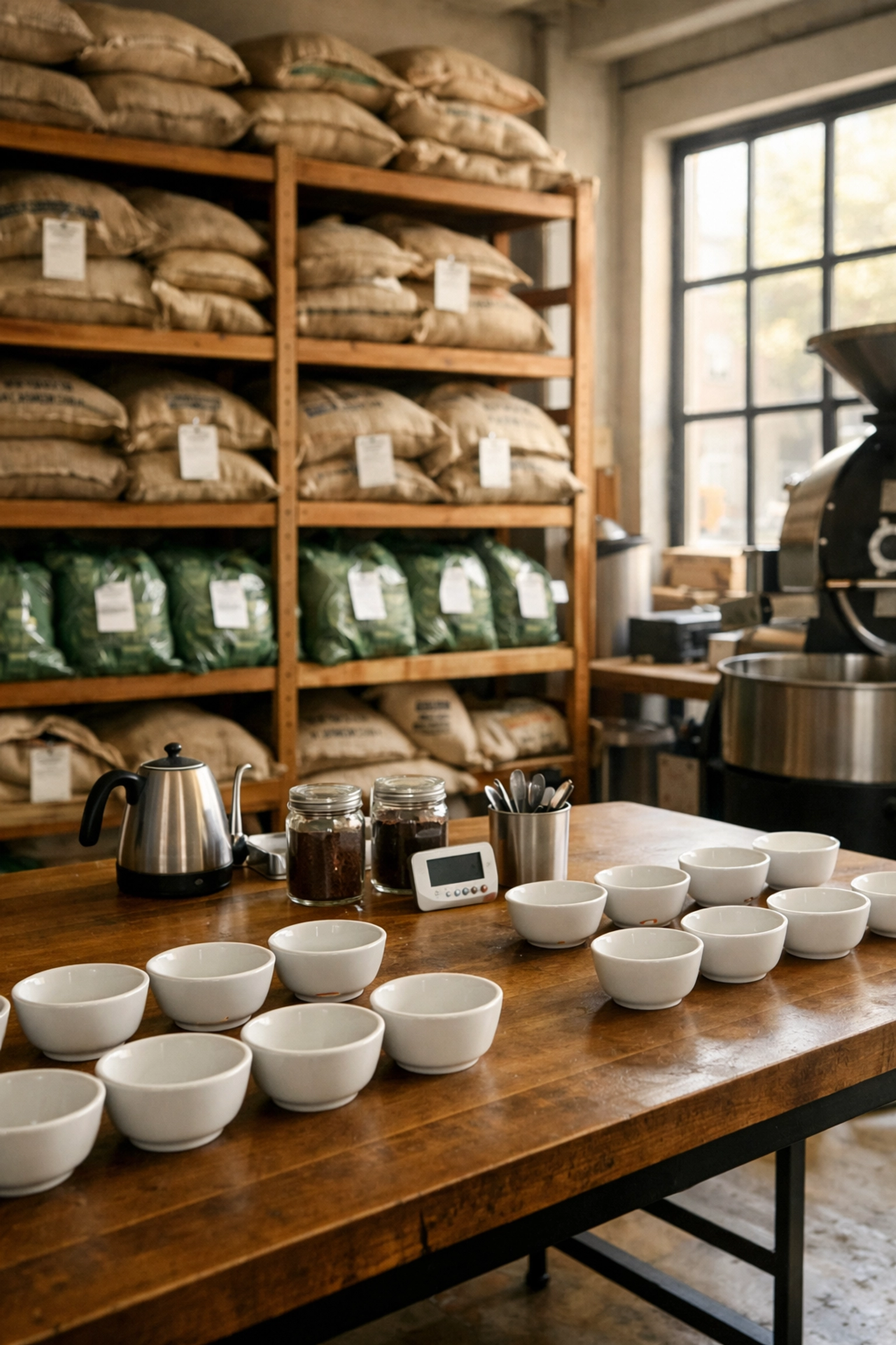 Professional coffee roastery interior with quality control cupping station