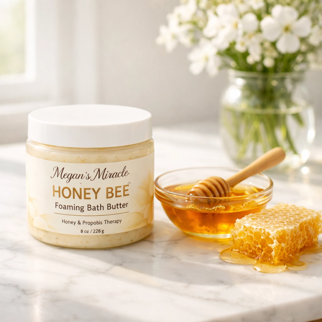 Apitherapy treatment featuring Honey Bee Foaming Bath Butter and raw honey to break down synthetic fascia.