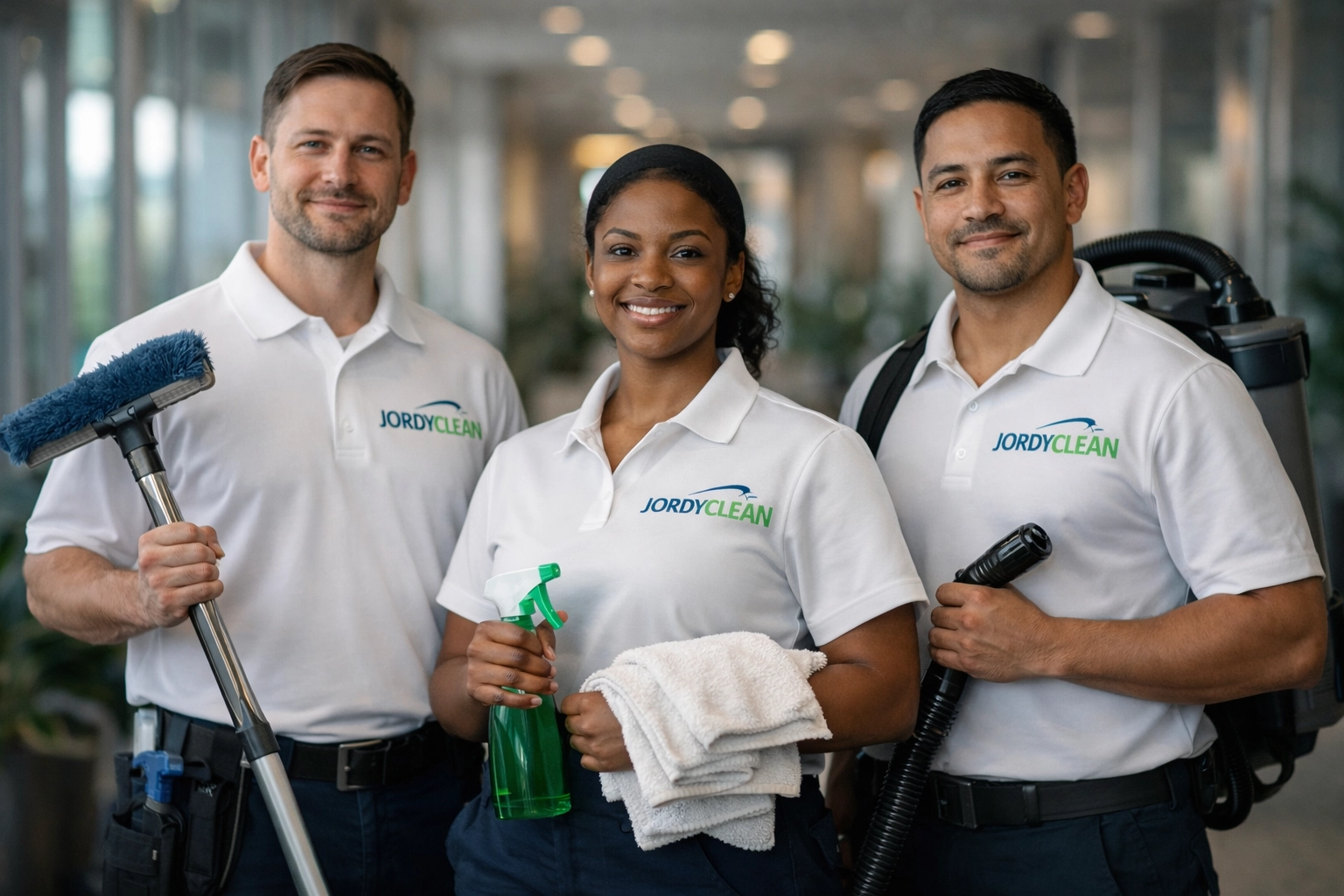 Professional JordyClean team members in white polo shirts with logo in a modern office setting
