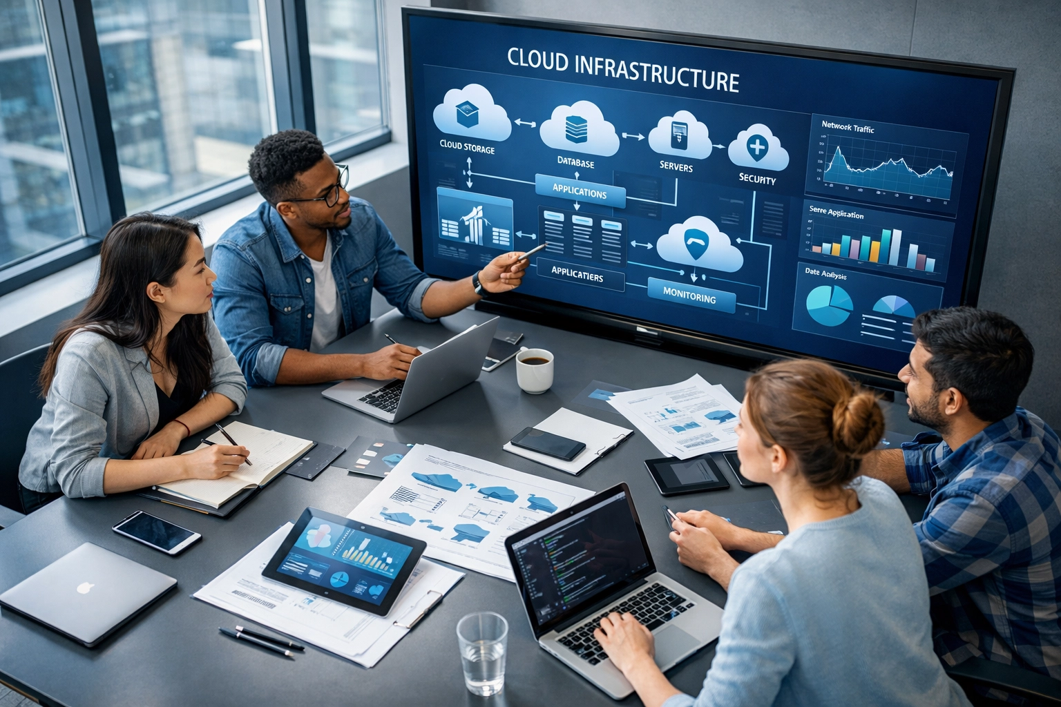 Professionals collaborating on cloud infrastructure and AI workforce development at modern workspace