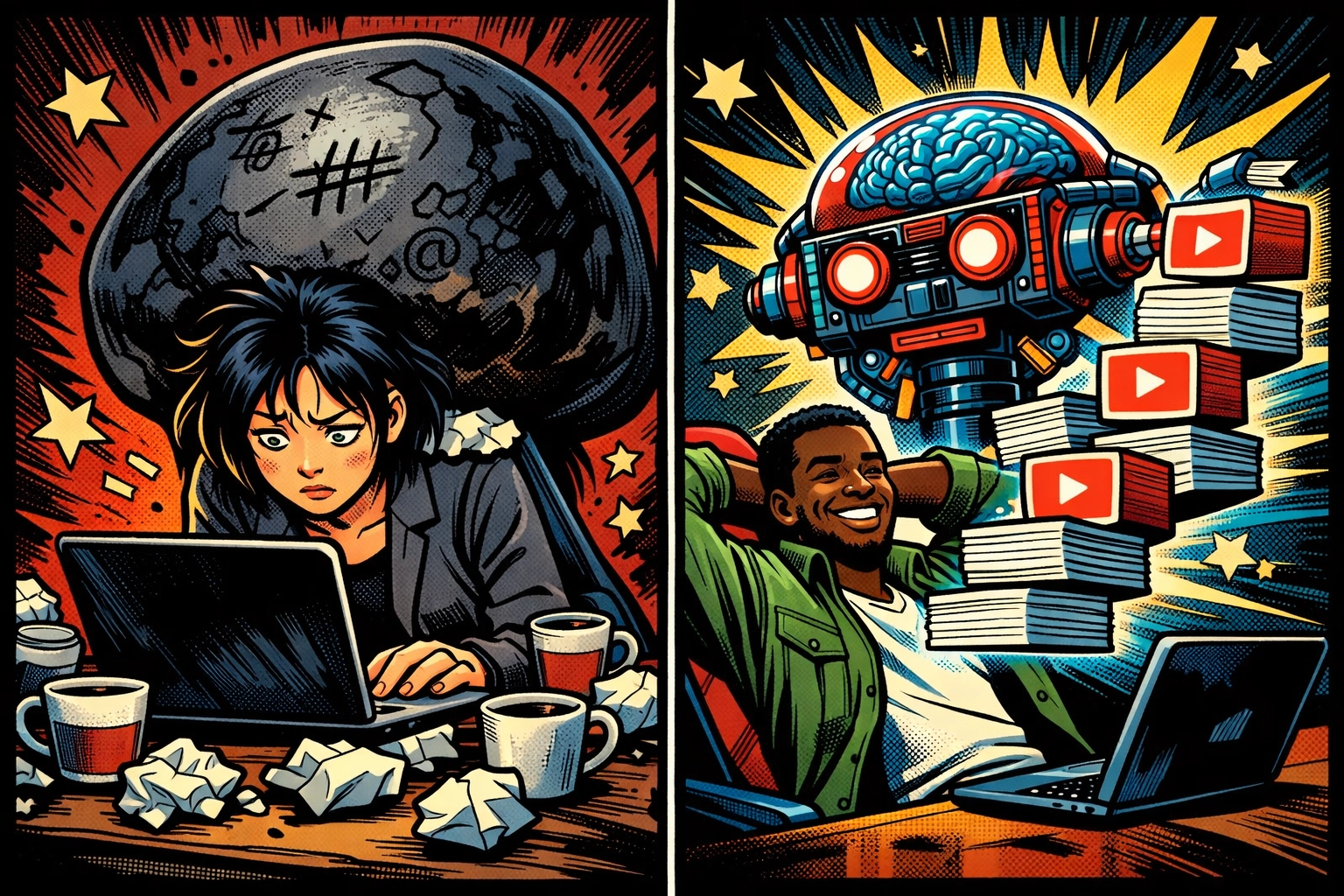 Before and after comparison of course creator using GoHighLevel AI to automate content creation