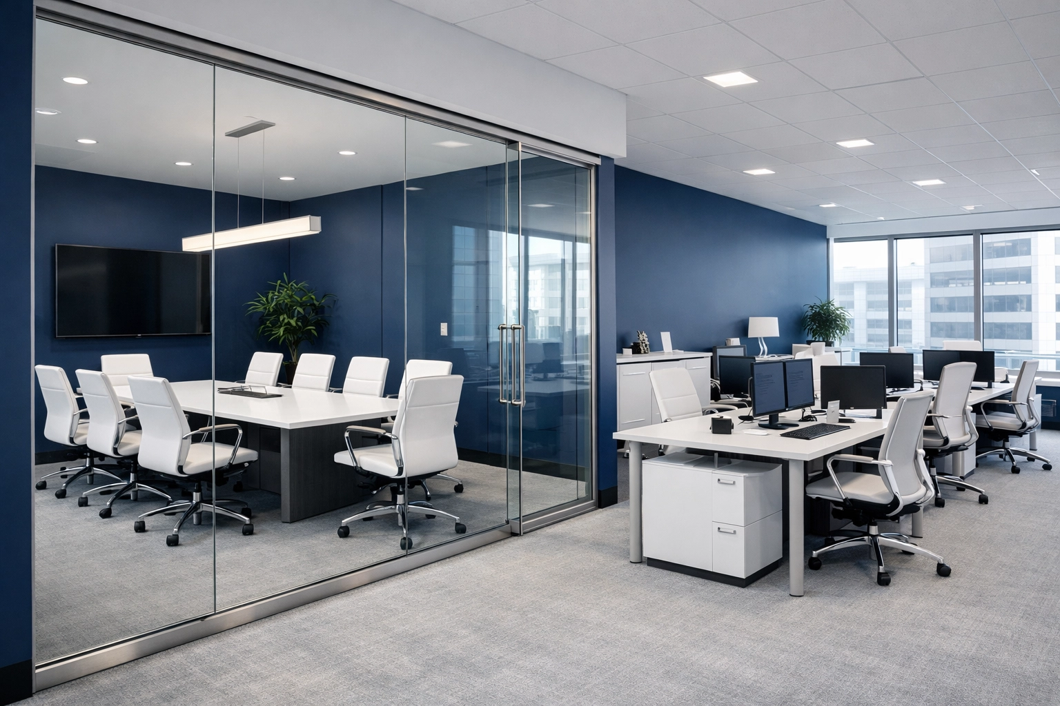 Modern office maintenance in Leominster showing a tidy corporate workspace with streak-free glass.