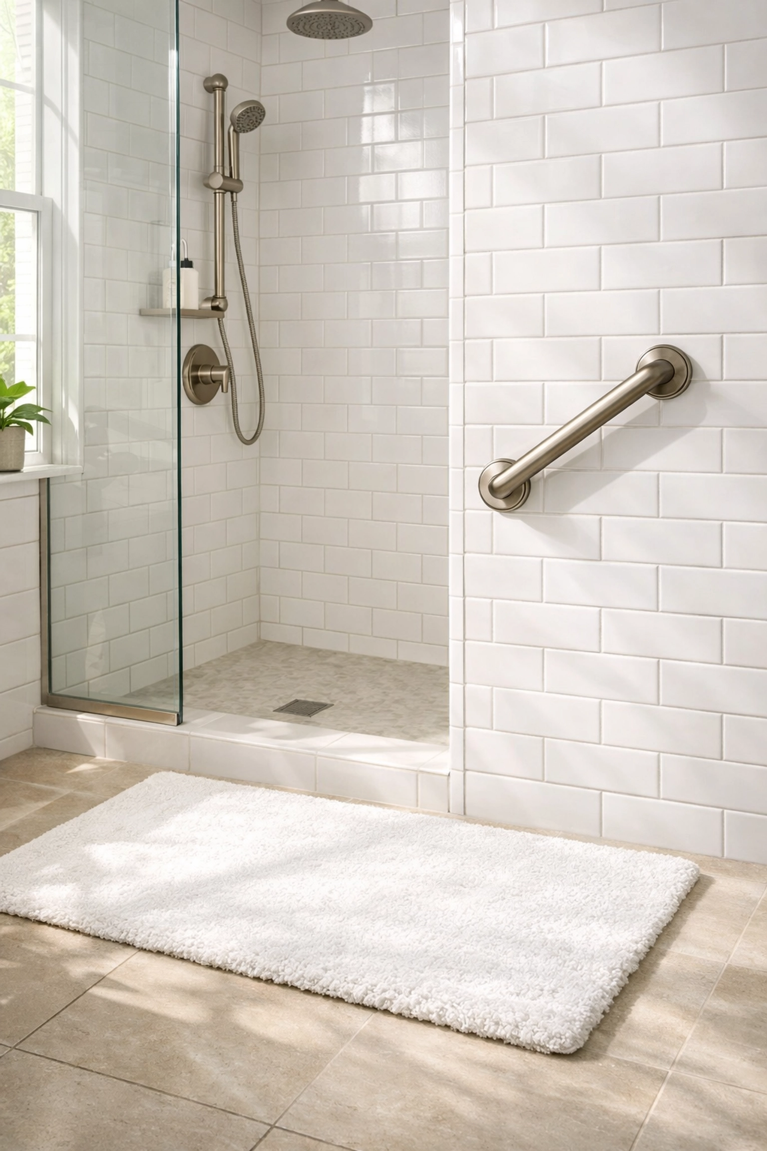 A walk-in shower with a mounted safety grab bar and non-slip mat to prevent falls in the bathroom.