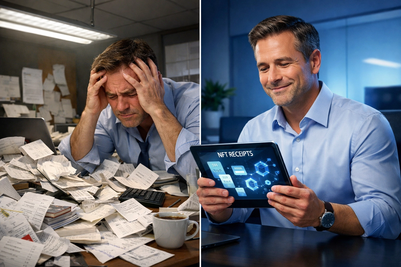 Merchant comparing chaotic paper receipts versus organized digital NFT receipt system on tablet