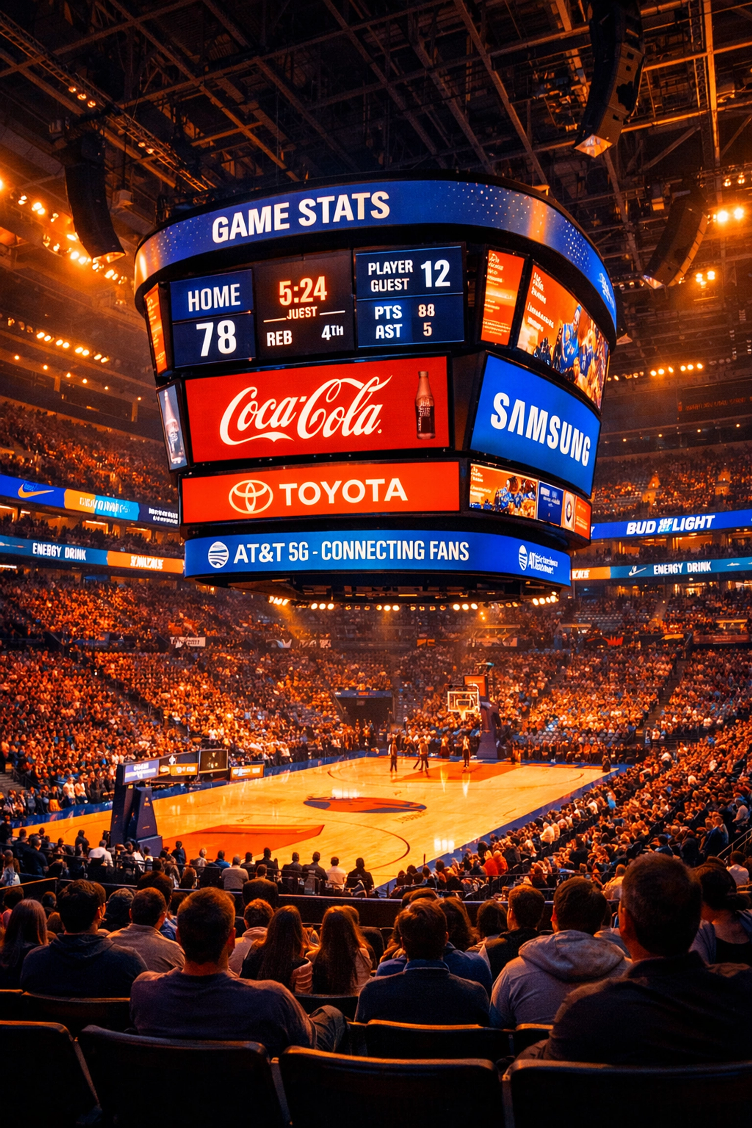 Sports stadium digital signage displaying real-time sponsor content and fan engagement media