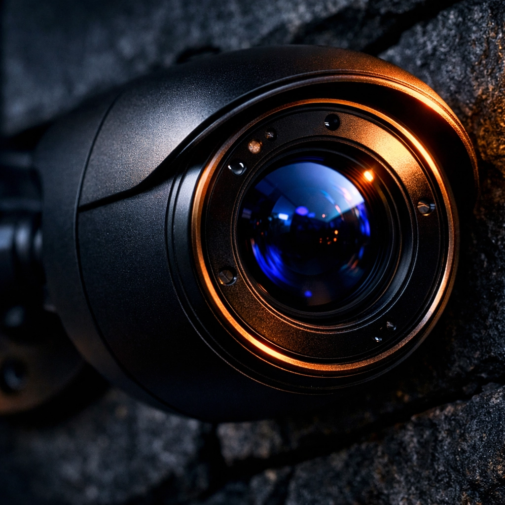 High-end matte-black outdoor security camera mounted on a stone wall for reliable home protection in Minneapolis.