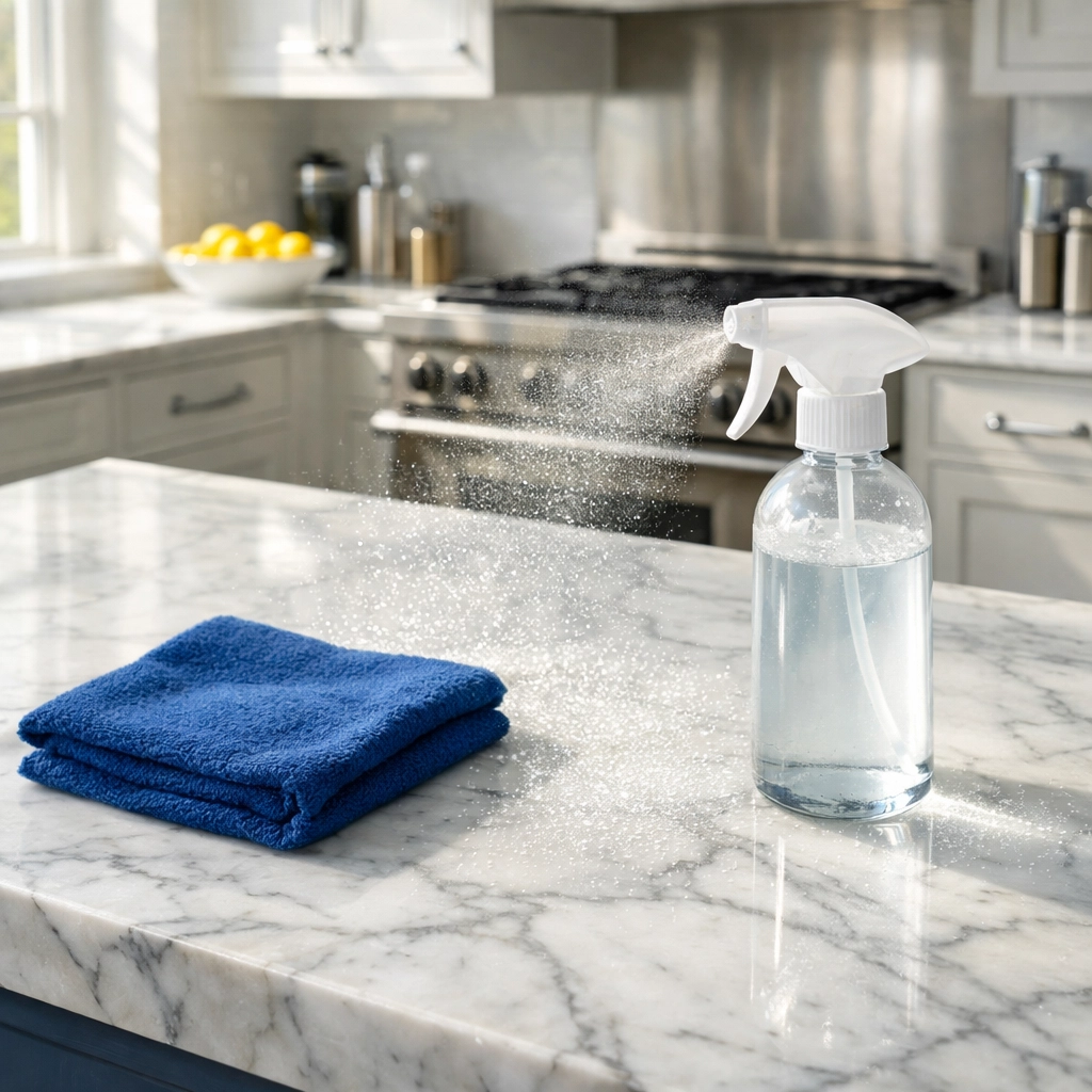 Professional residential cleaning Massachusetts using eco-friendly spray on a luxury marble kitchen island.