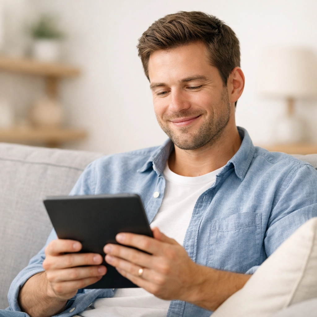Man smiling while checking installment loan Canada rates on a digital tablet.