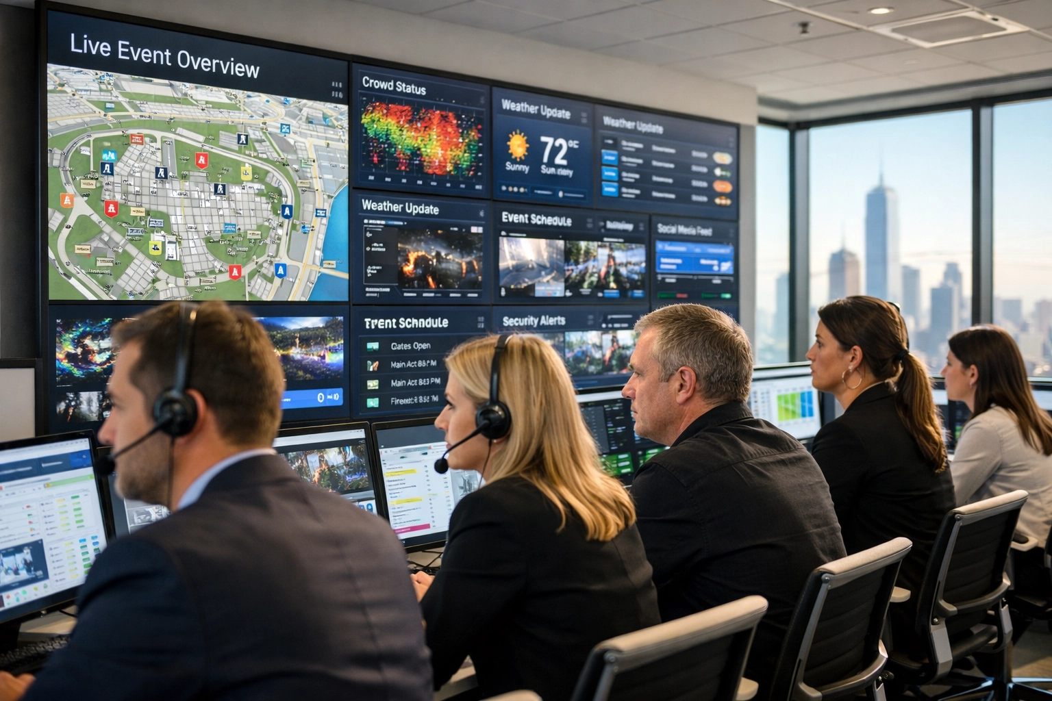 Corporate logistics team managing a Super Bowl event strategy from a high-tech modern command center.
