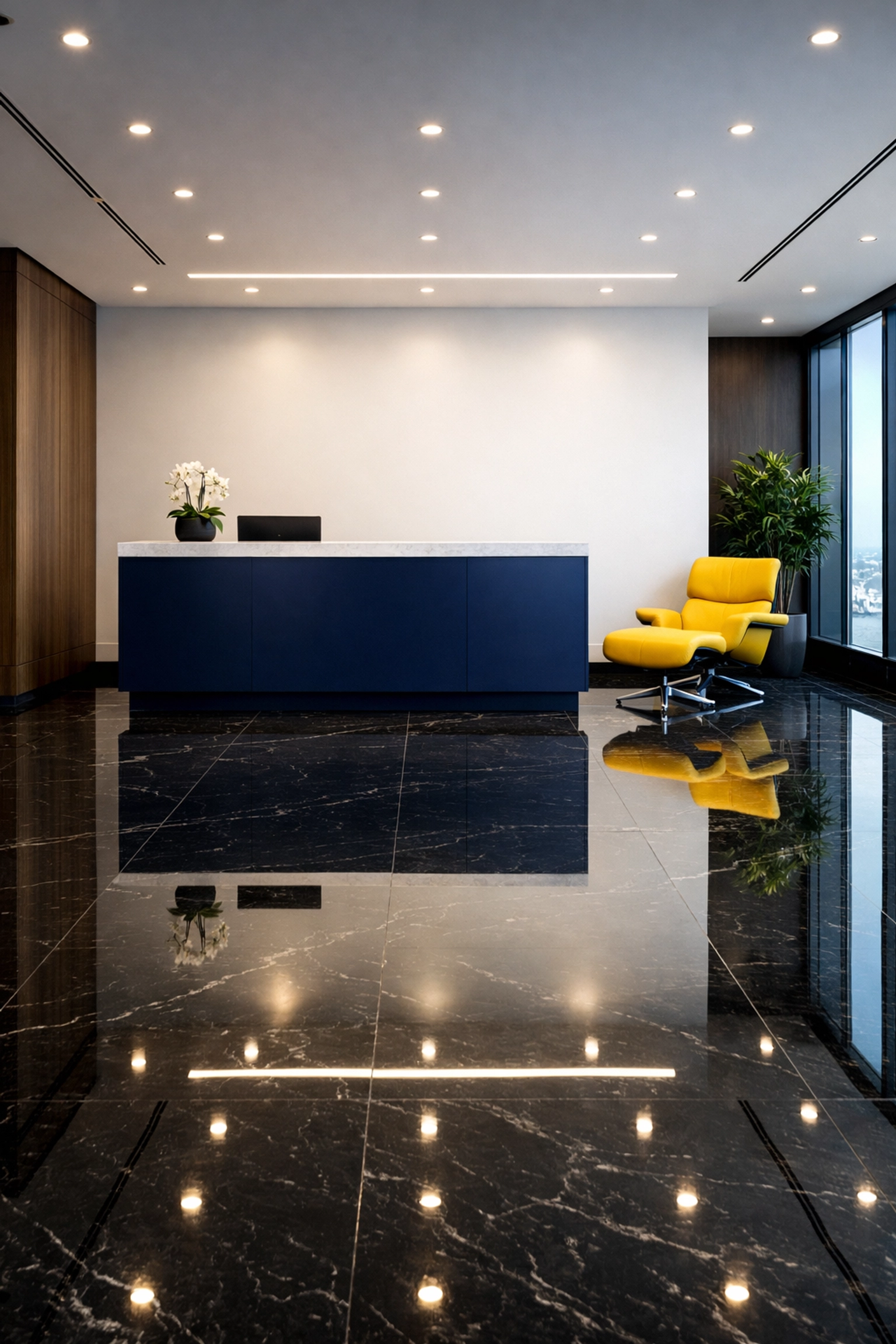 Polished marble floors in a luxury Boston corporate lobby, showcasing elite commercial cleaning results for startups.